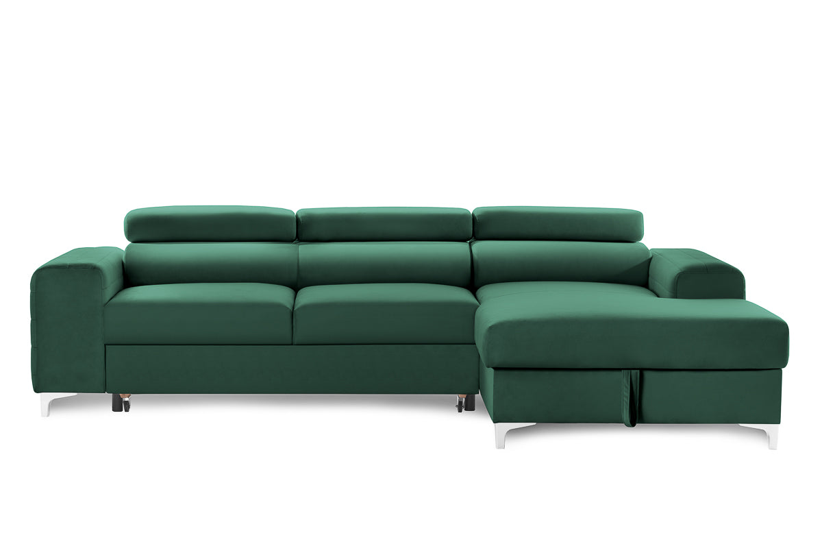 Colțar Extensibil LOFT, cu lada depozitare, tetiere reglabile, 295x170x95 cm, #color_Verde-Padure-Velluto