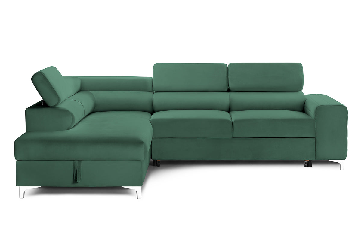 Colțar Extensibil TIME, cu lada depozitare, tetiere reglabile, 285x220x95 cm, #color_Verde-Padure-Velluto