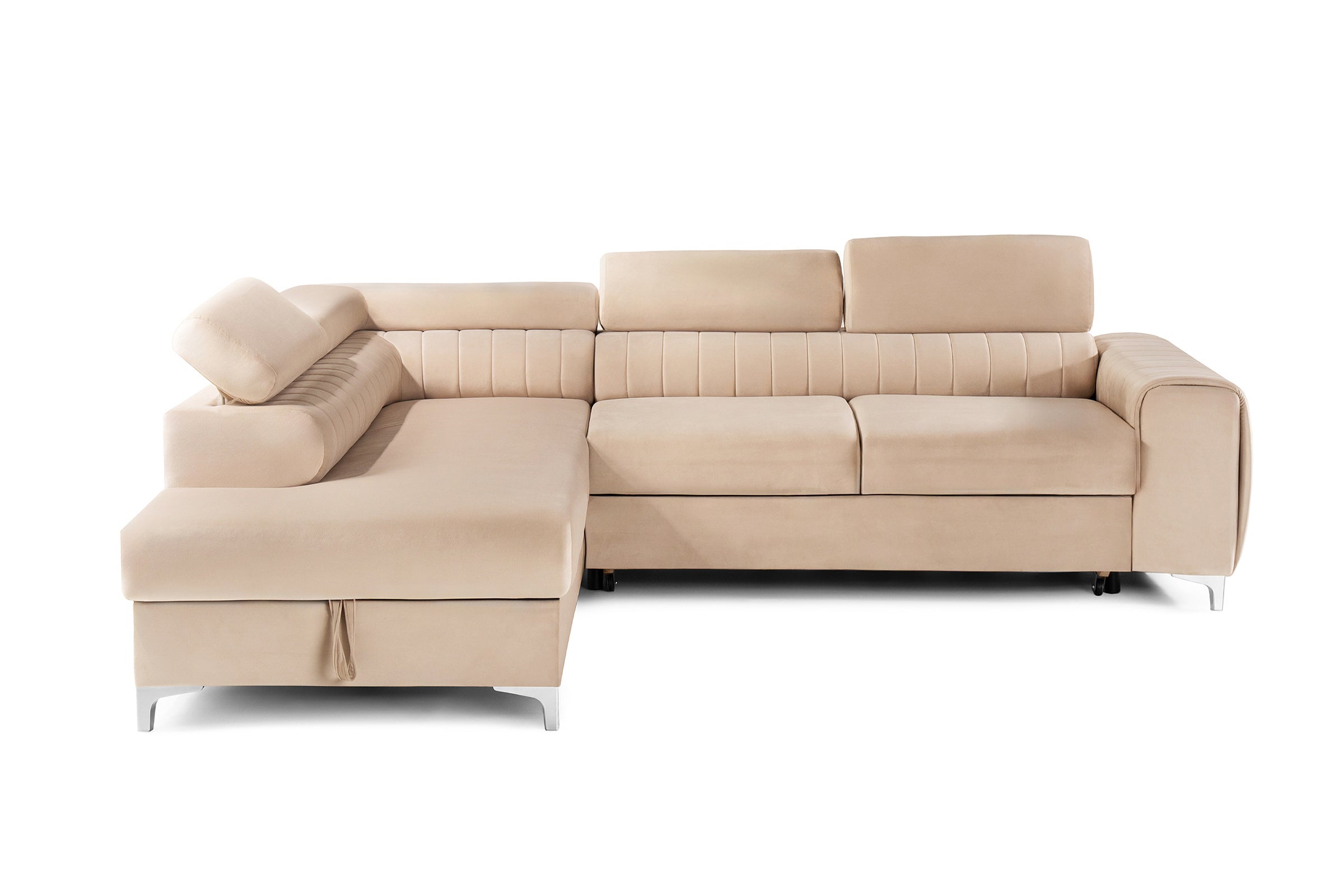 Colțar Extensibil TIME, cu lada depozitare, tetiere reglabile, 285x220x95 cm, #color_Bej-Velluto