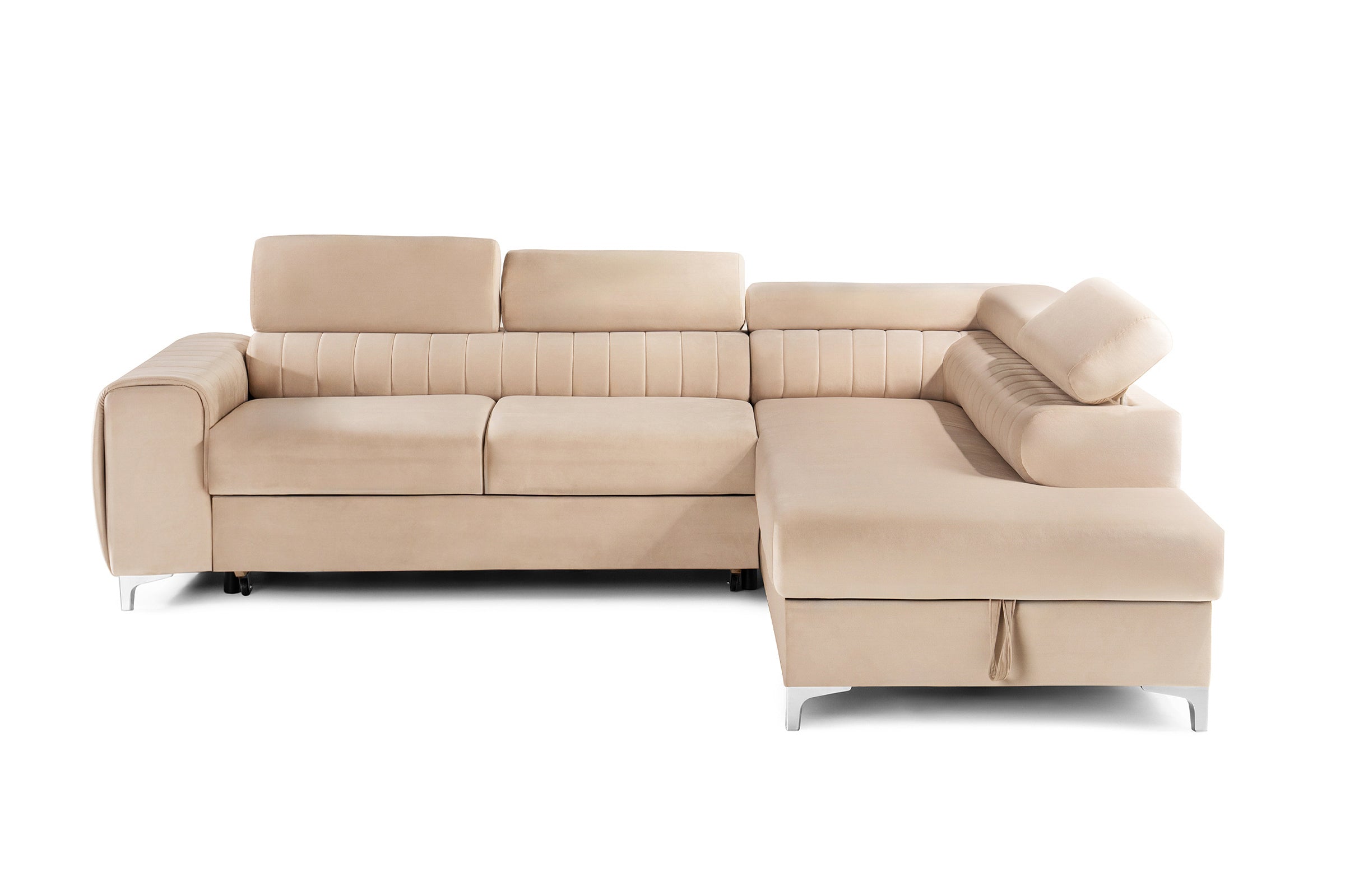 Colțar Extensibil TIME, cu lada depozitare, tetiere reglabile, 285x220x95 cm, #color_Bej-Velluto