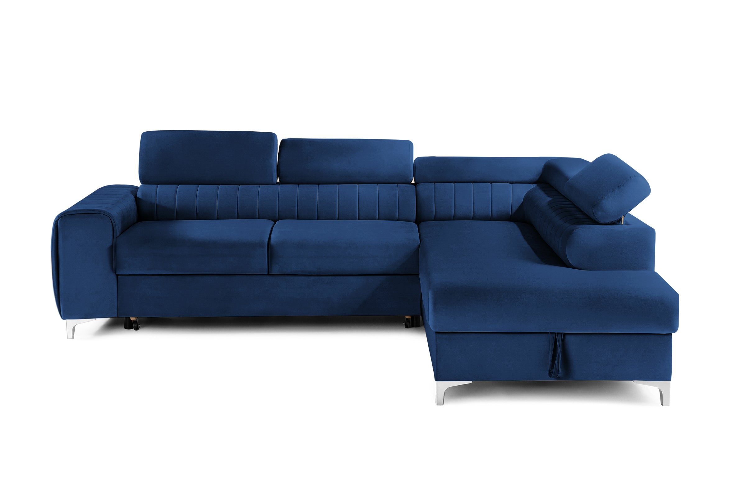 Colțar Extensibil TIME, cu lada depozitare, tetiere reglabile, 285x220x95 cm, #color_Albastru-Velluto