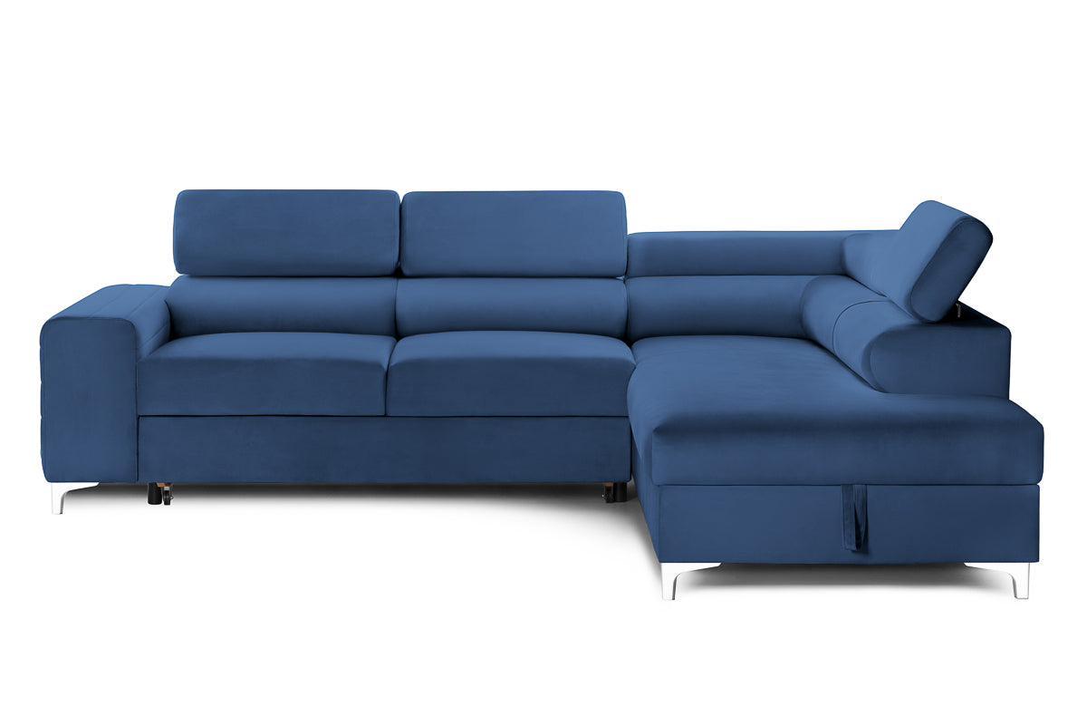 Colțar Extensibil TIME, cu lada depozitare, tetiere reglabile, 285x220x95 cm, #color_Albastru-Velluto