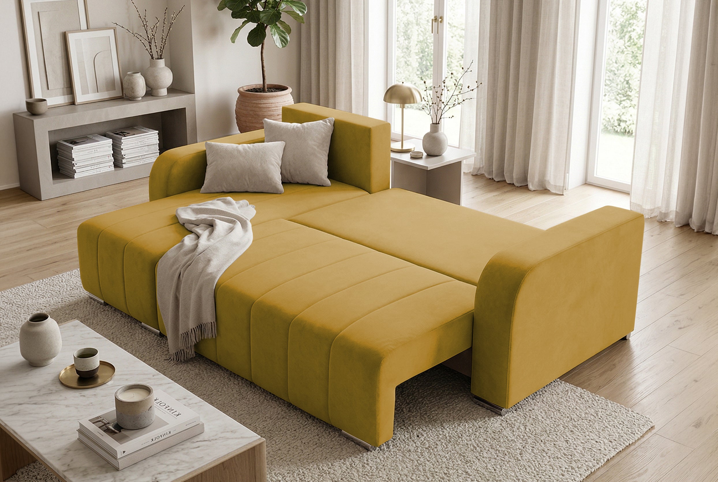 Colțar Extensibil DIEGO, cu lada depozitare, sezlong interschimbabil, 230x190x93cm, Prestigehome.ro, #color_Galben-Olive-Whisper