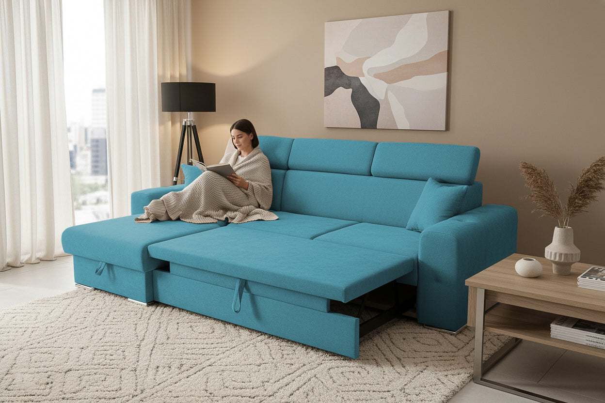 Coltar Extensibil BELLAGIO, sezlong interschimbabil, cu lada de depozitare, cu tetiere, 275x170x85 cm - Prestigehome.ro - Coltare - Prestige - #color_turcoaz-enjoy