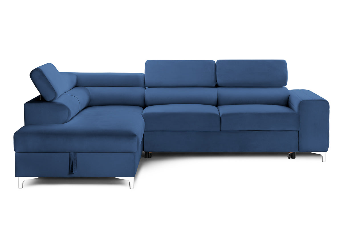 Colțar Extensibil TIME, cu lada depozitare, tetiere reglabile, 285x220x95 cm, #color_Albastru-Velluto