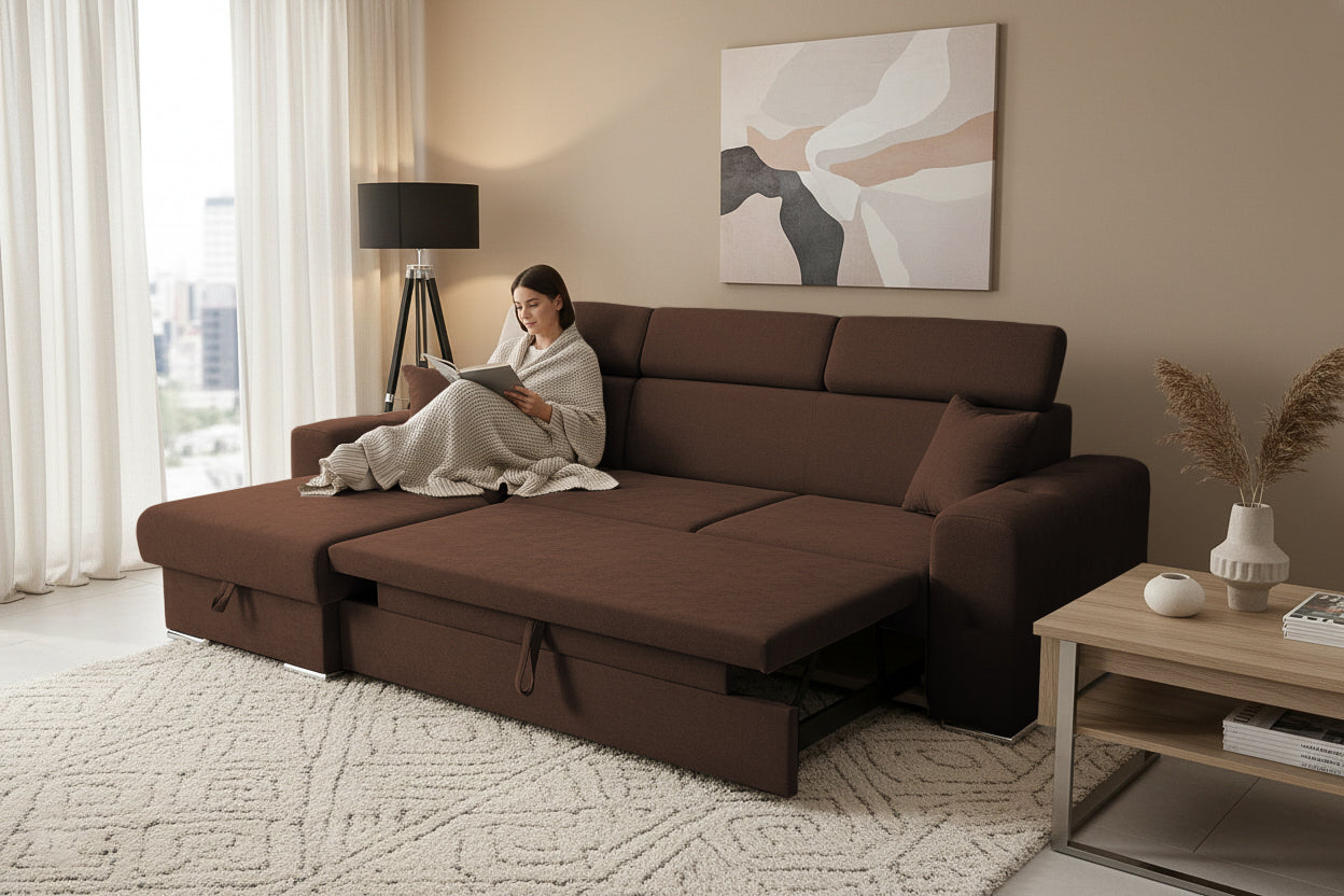 Coltar Extensibil BELLAGIO, sezlong interschimbabil, cu lada de depozitare, cu tetiere, 275x170x85 cm - Prestigehome.ro - Coltare - Prestige - #color_maro-enjoy