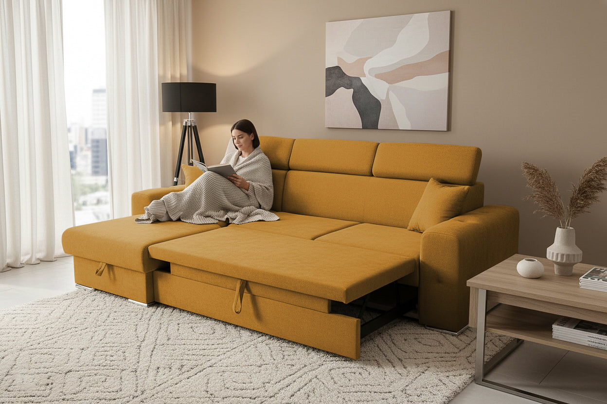 Coltar Extensibil BELLAGIO, sezlong interschimbabil, cu lada de depozitare, cu tetiere, 275x170x85 cm - Prestigehome.ro - Coltare - Prestige - #color_Mango-Enjoy