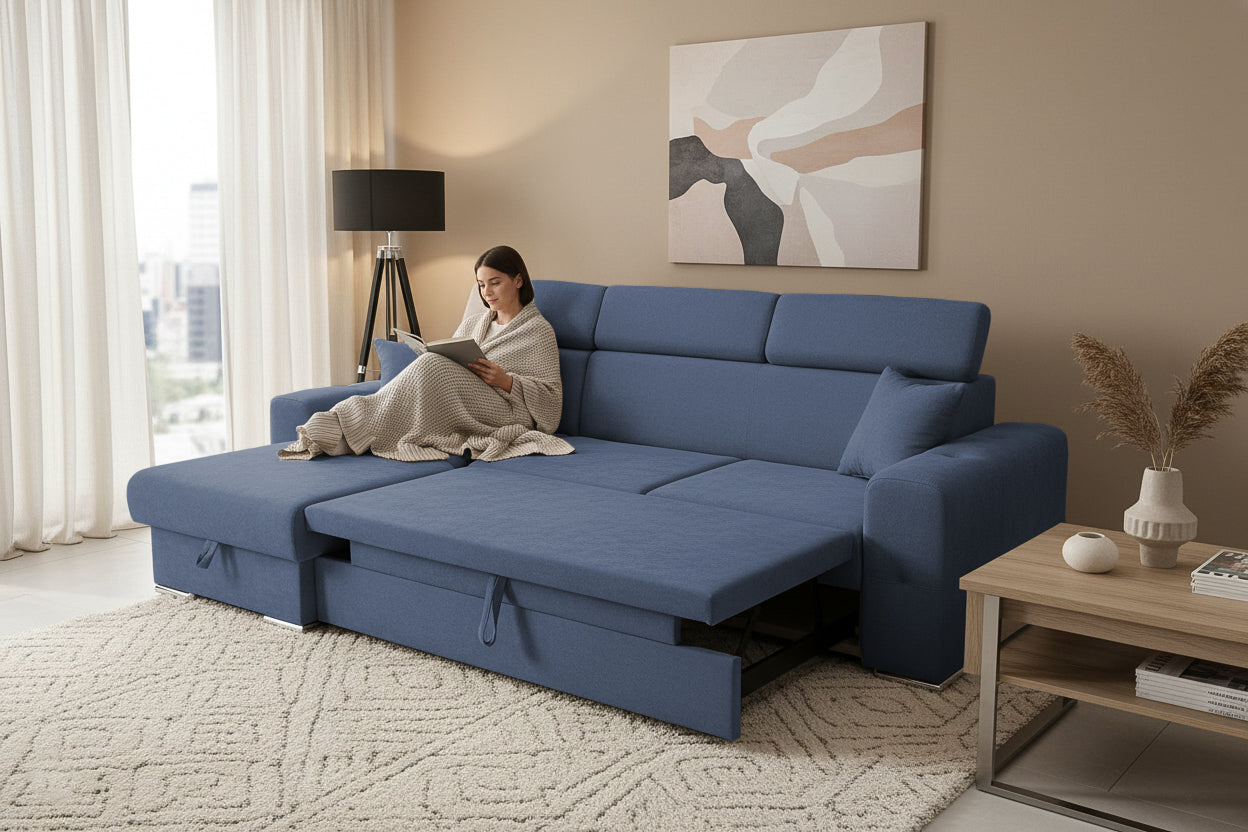 Coltar Extensibil BELLAGIO, sezlong interschimbabil, cu lada de depozitare, cu tetiere, 275x170x85 cm - Prestigehome.ro - Coltare - Prestige - #color_Albastru-Inchis-Enjoy