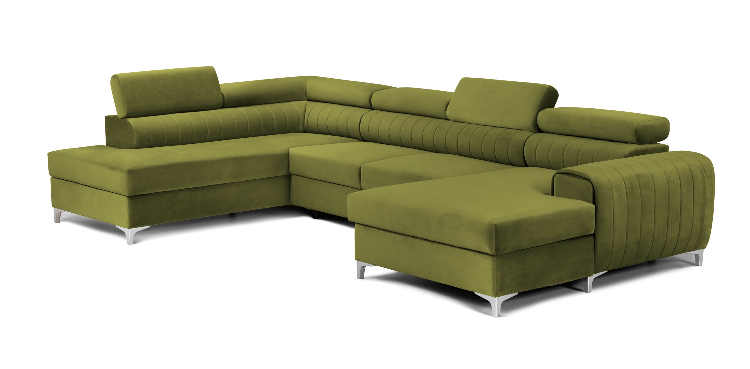 Colțar Extensibil, în formă de U, TIME, cu 2 lăzi de depozitare, cu tetiere reglabile, 360x220x95 cm #color_Verde-Olive-Velluto