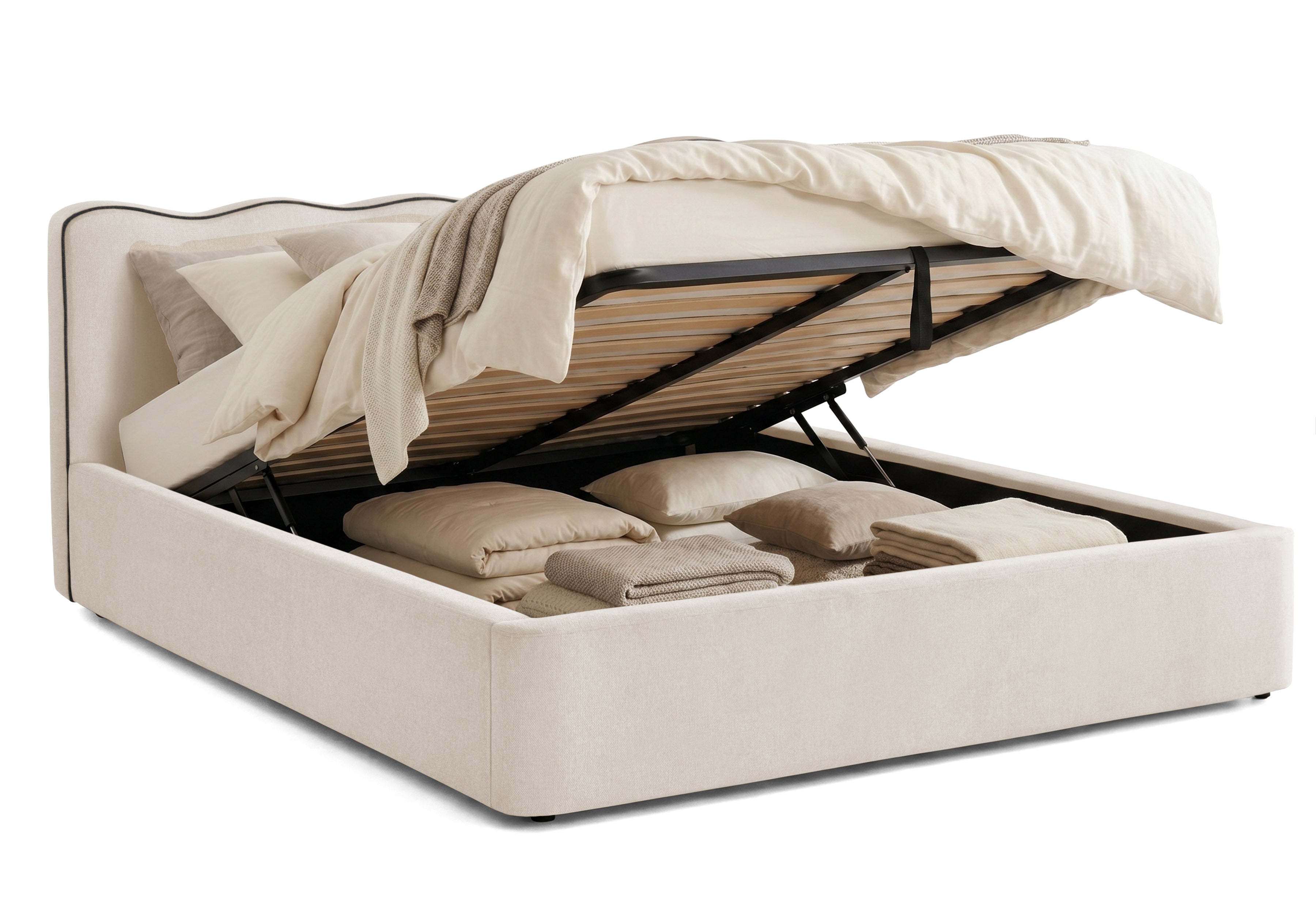 Pat Tapițat KESINGTON, cu somieră rabatabilă și ladă de depozitare, #color_Crem-Loft