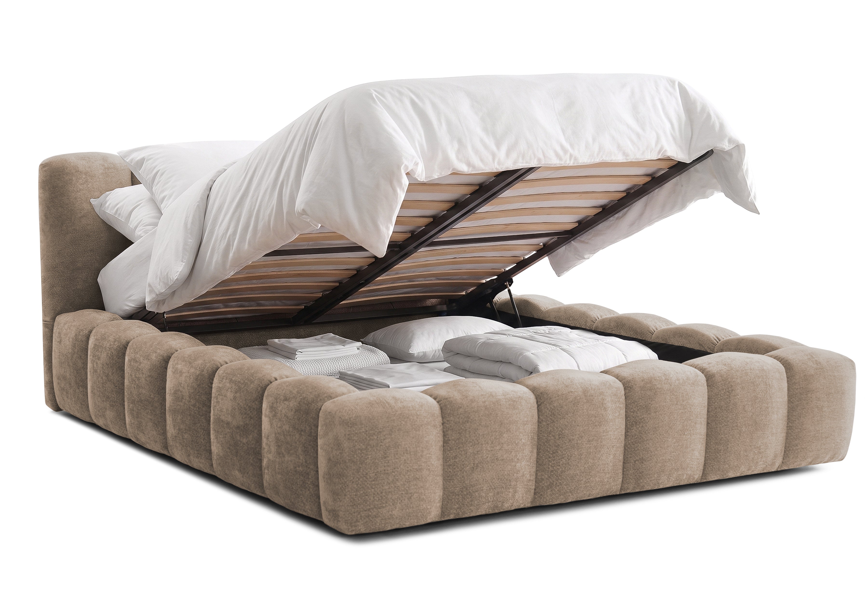 Pat Tapițat Bloom, cu somieră rabatabilă și ladă de depozitare, #color_Bej-Taupe-Eden