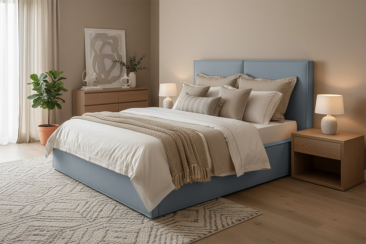 Pat Tapițat Monalisa, cu somieră rabatabilă și ladă depozitare #color_Albastru-Loft