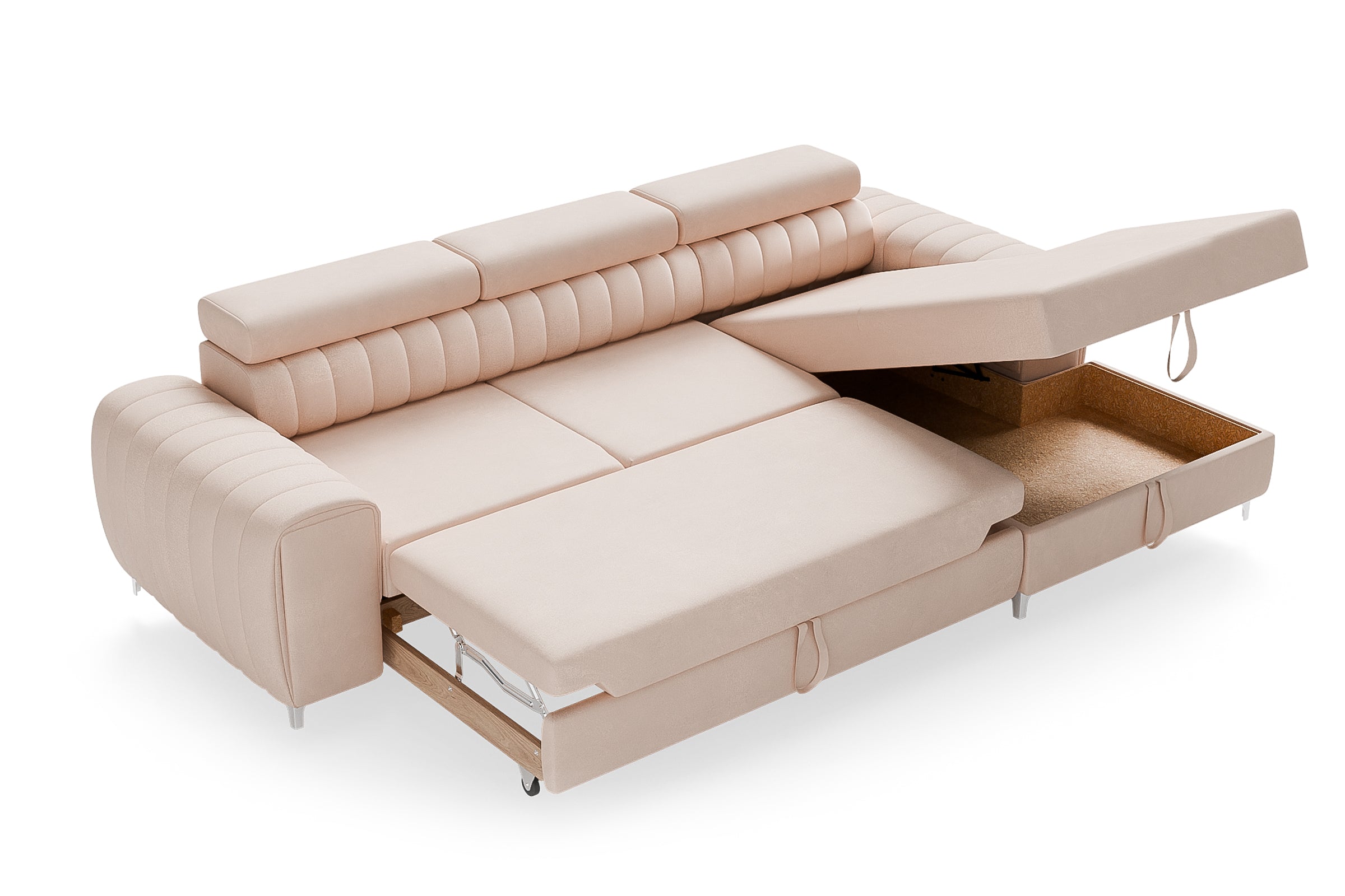 Colțar Extensibil LOFT, cu lada depozitare, tetiere reglabile, varianta pe dreapta, 295x170x95 cm, Crem - Outlet