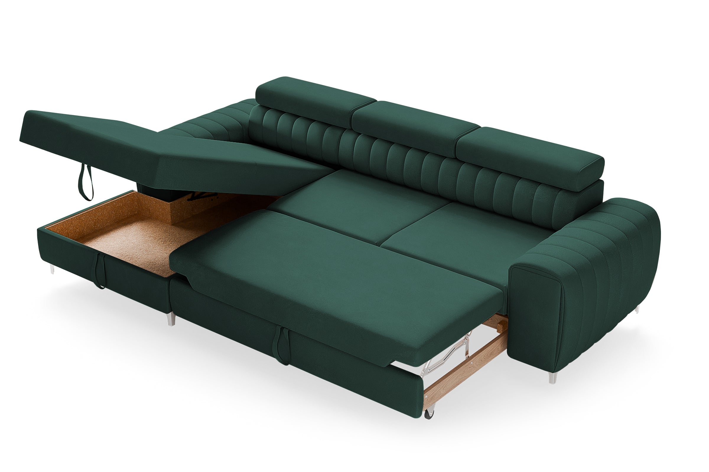Colțar Extensibil LOFT, cu lada depozitare, tetiere reglabile, varianta pe stânga, 295x170x95 cm, Verde - Outlet