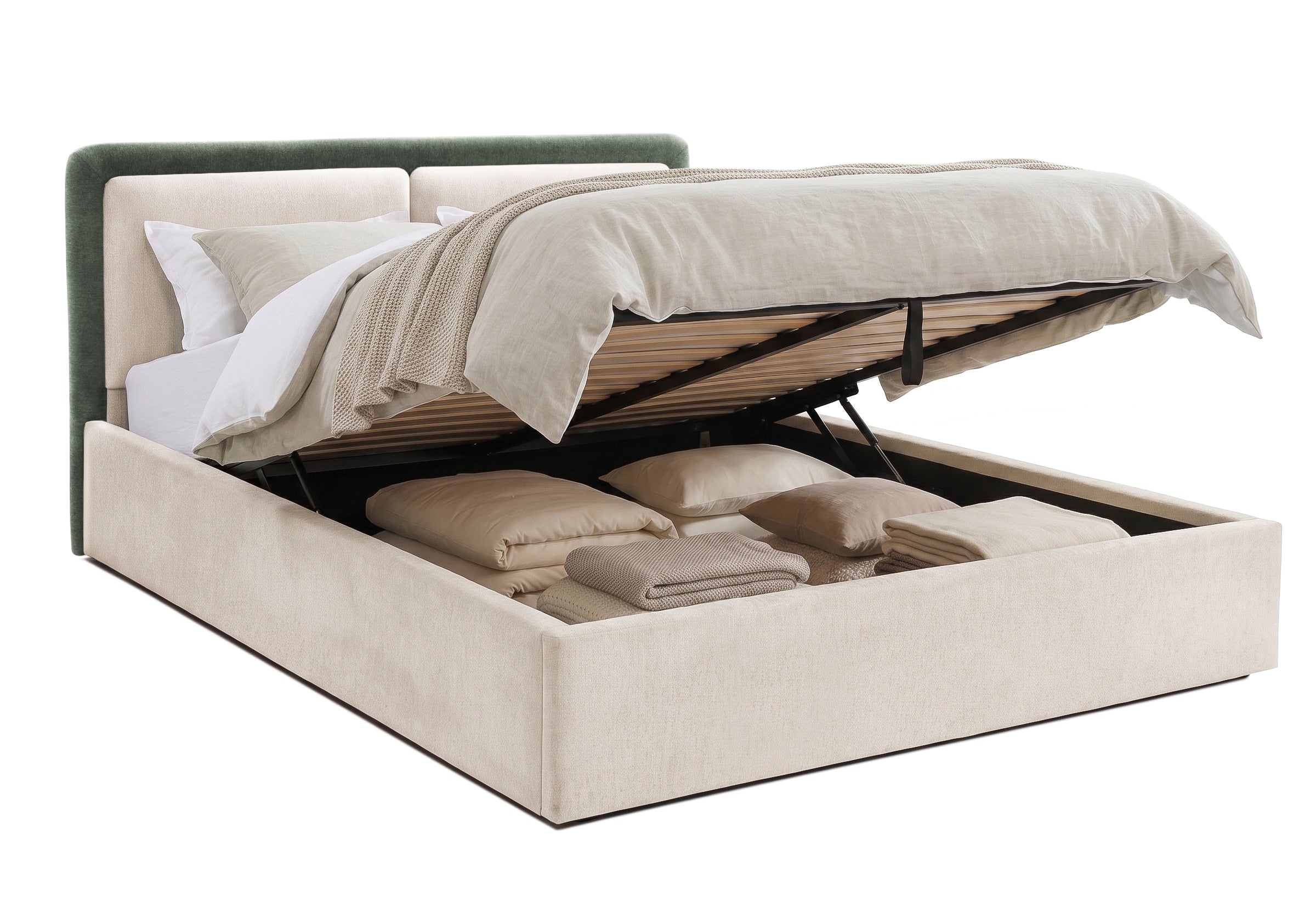 Pat Tapițat PIEMONTE, cu somieră rabatabilă și ladă de depozitare, #color_loft-verde-inchis-crem