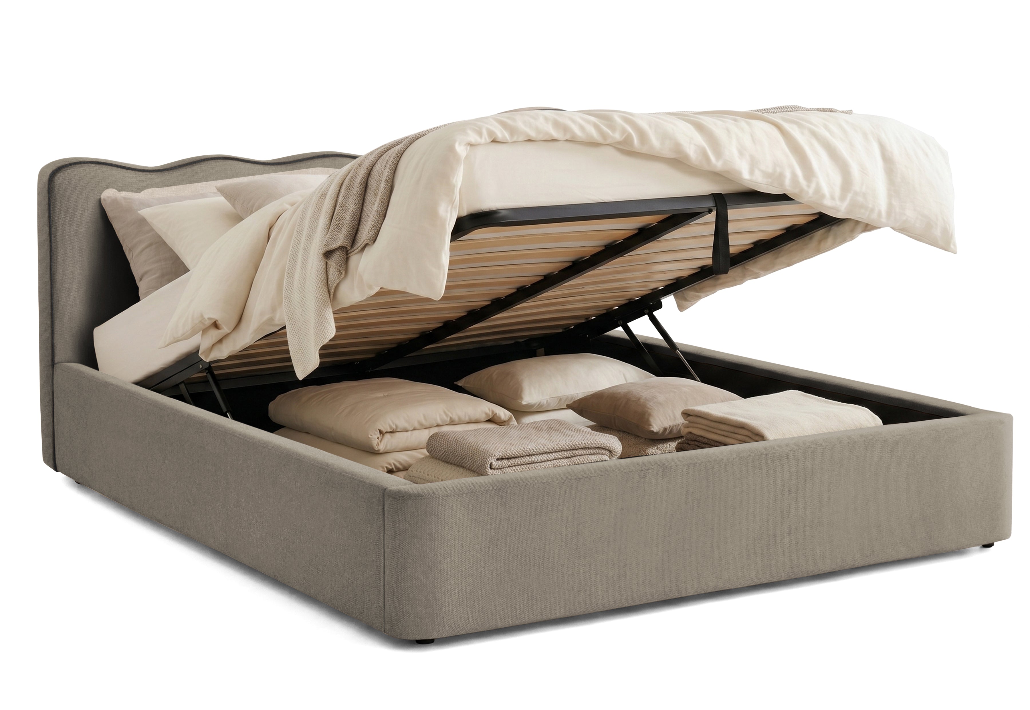 Pat Tapițat KESINGTON, cu somieră rabatabilă și ladă de depozitare, #color_Gri-Inchis-Loft