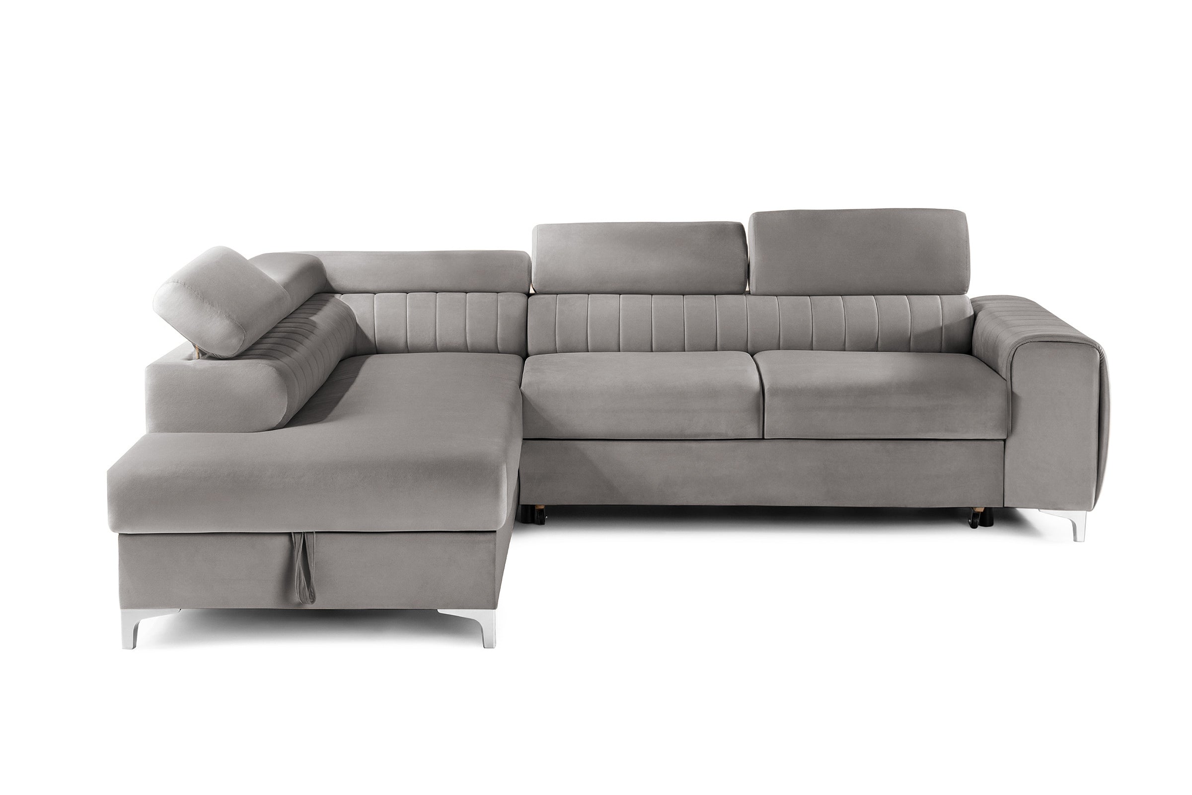 Colțar Extensibil TIME, cu lada depozitare, tetiere reglabile, 285x220x95 cm, #color_Gri-Silver-Velluto