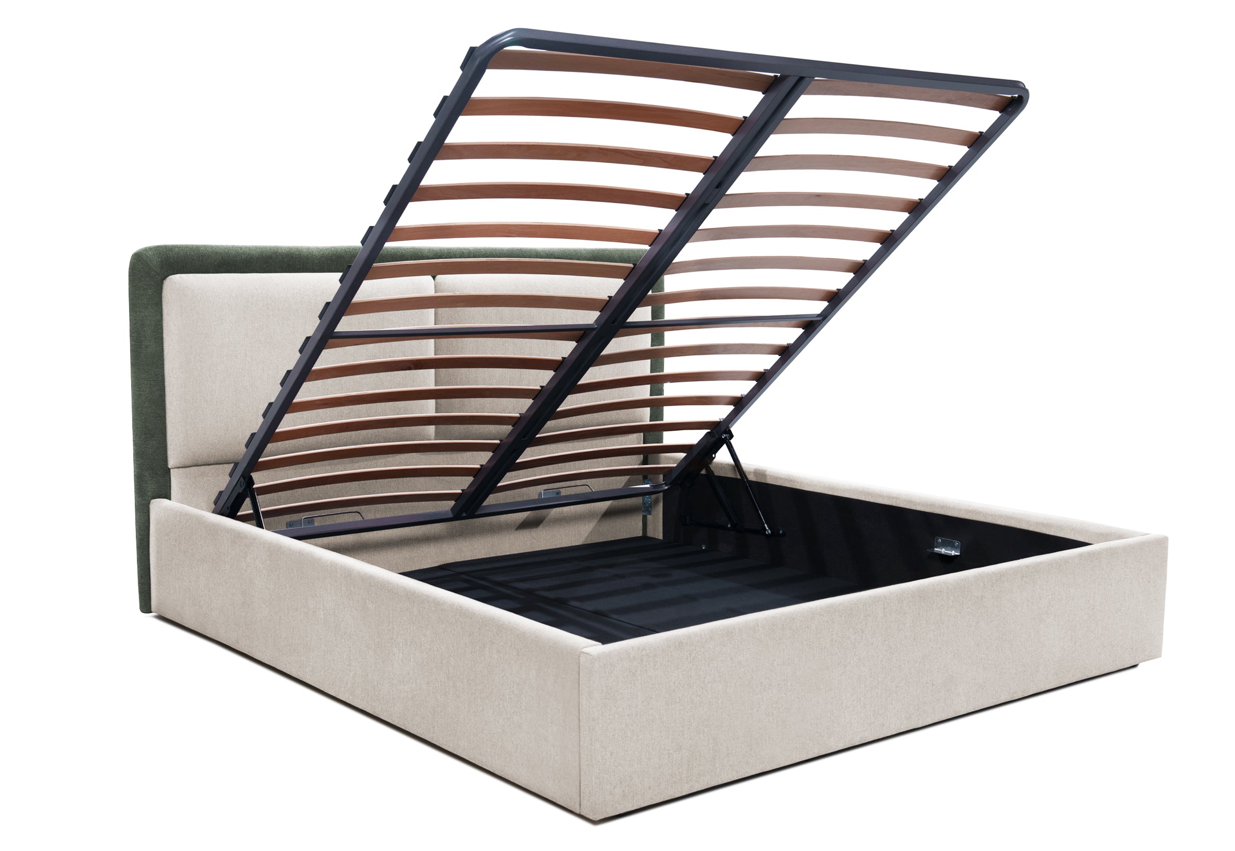 Pat Tapițat PIEMONTE, cu somieră rabatabilă și ladă de depozitare, #color_loft-verde-inchis-crem