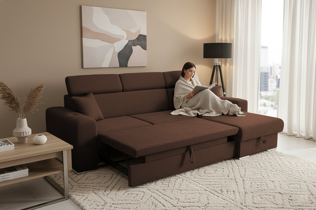 Coltar Extensibil BELLAGIO, sezlong interschimbabil, cu lada de depozitare, cu tetiere, 275x170x85 cm - Prestigehome.ro - Coltare - Prestige - #color_maro-enjoy