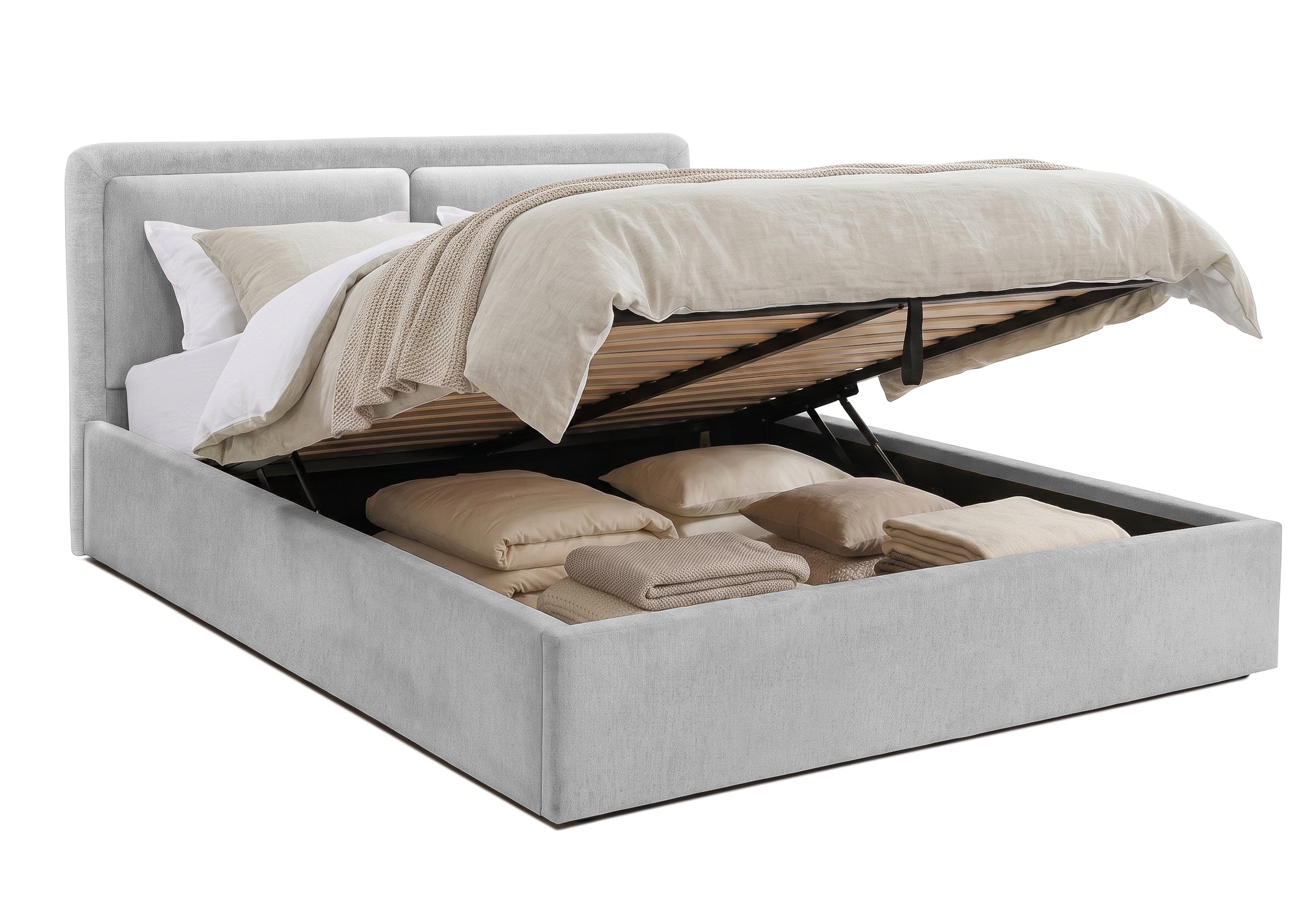 Pat Tapițat PIEMONTE, cu somieră rabatabilă și ladă de depozitare, #color_loft-gri-argintiu