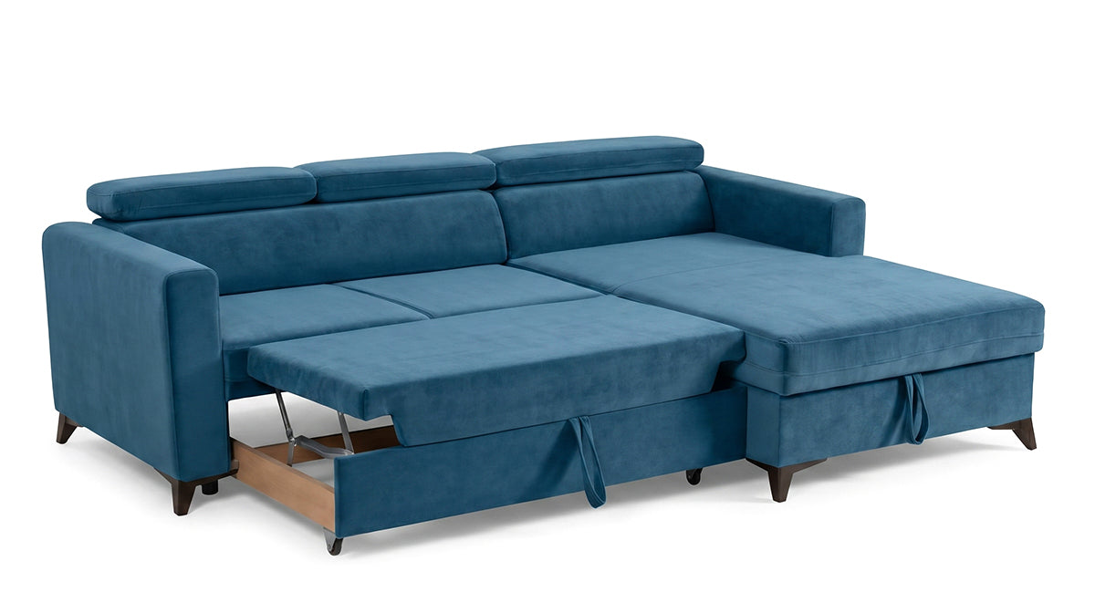 Colțar Extensibil MIZZONI, cu lada depozitare, tetiere reglabile, 250 x 175 x 94 cm, Albastru Denim, Outlet