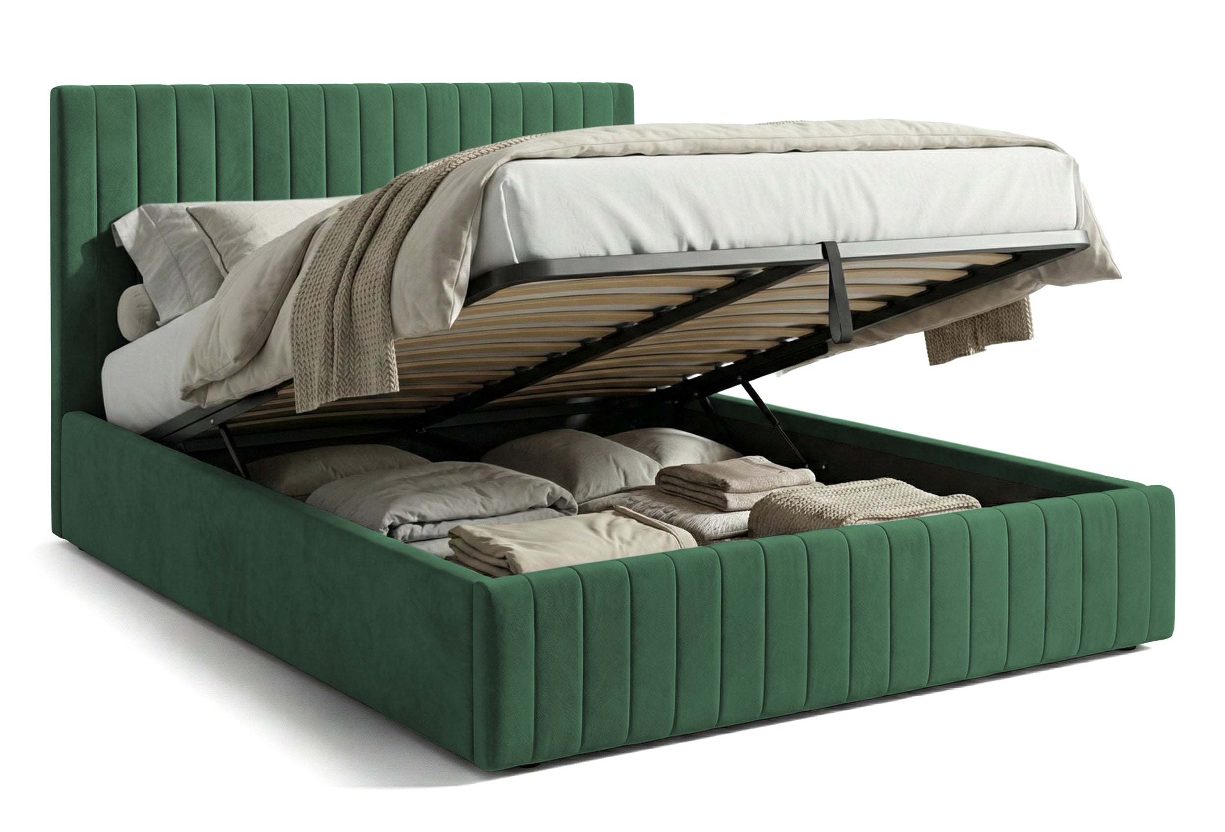 Pat Tapițat Sara, cu somieră rabatabilă și ladă depozitare #color_Verde-Inchis-Velluto