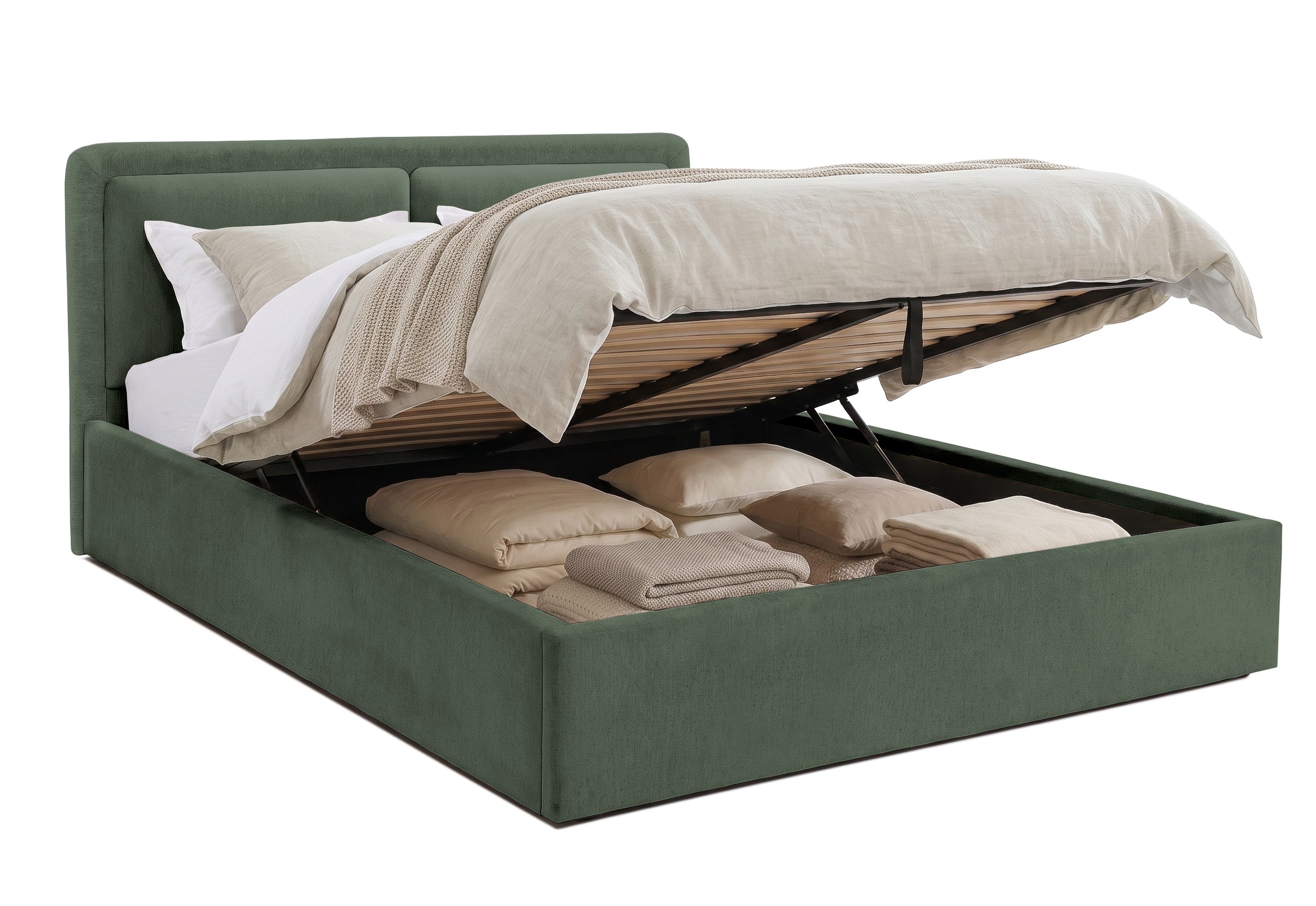 Pat Tapițat PIEMONTE, cu somieră rabatabilă și ladă de depozitare, #color_loft-verde-inchis