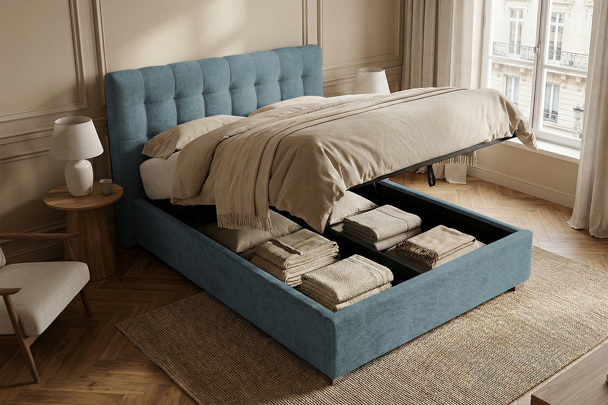 Pat Tapițat Strasbourg Premium, cu somieră rabatabilă și ladă depozitare, #color_Albastru-Deschis-Eden