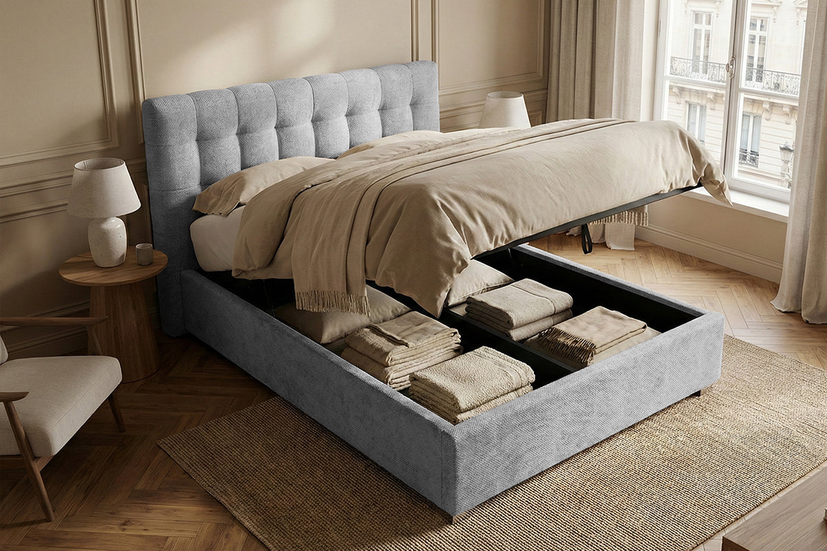 Pat Tapițat Strasbourg Premium, cu somieră rabatabilă și ladă depozitare, #color_Gri-Deschis-Eden