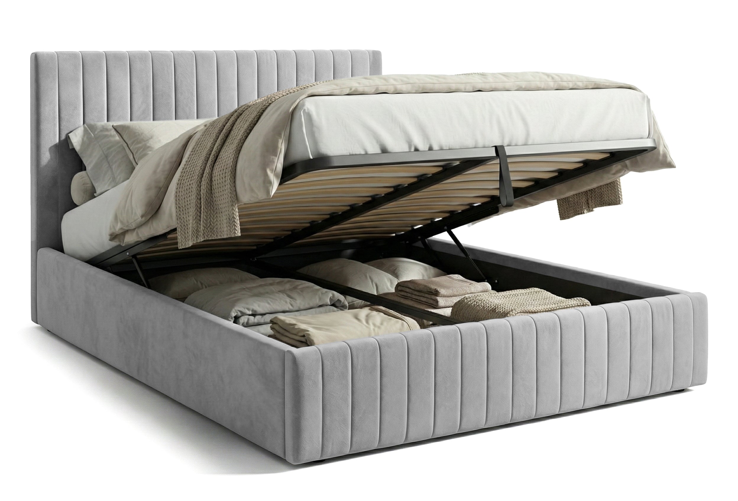 Pat Tapițat Sara, cu somieră rabatabilă și ladă depozitare #color_Gri-Deschis-Velluto