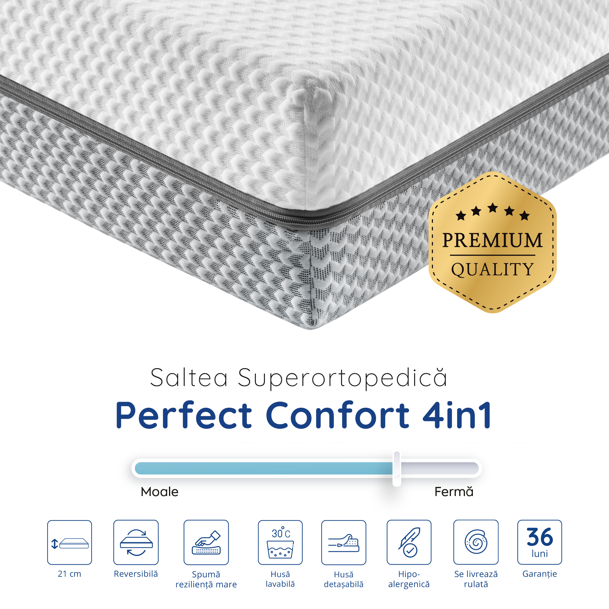 Saltea Ideal Sleep PERFECT COMFORT 4 in 1, spumă poliuretanica de susținere, spumă High Resilience, spumă cu memorie, husă detașabilă și lavabilă, superortopedică, Grosime 22 cm