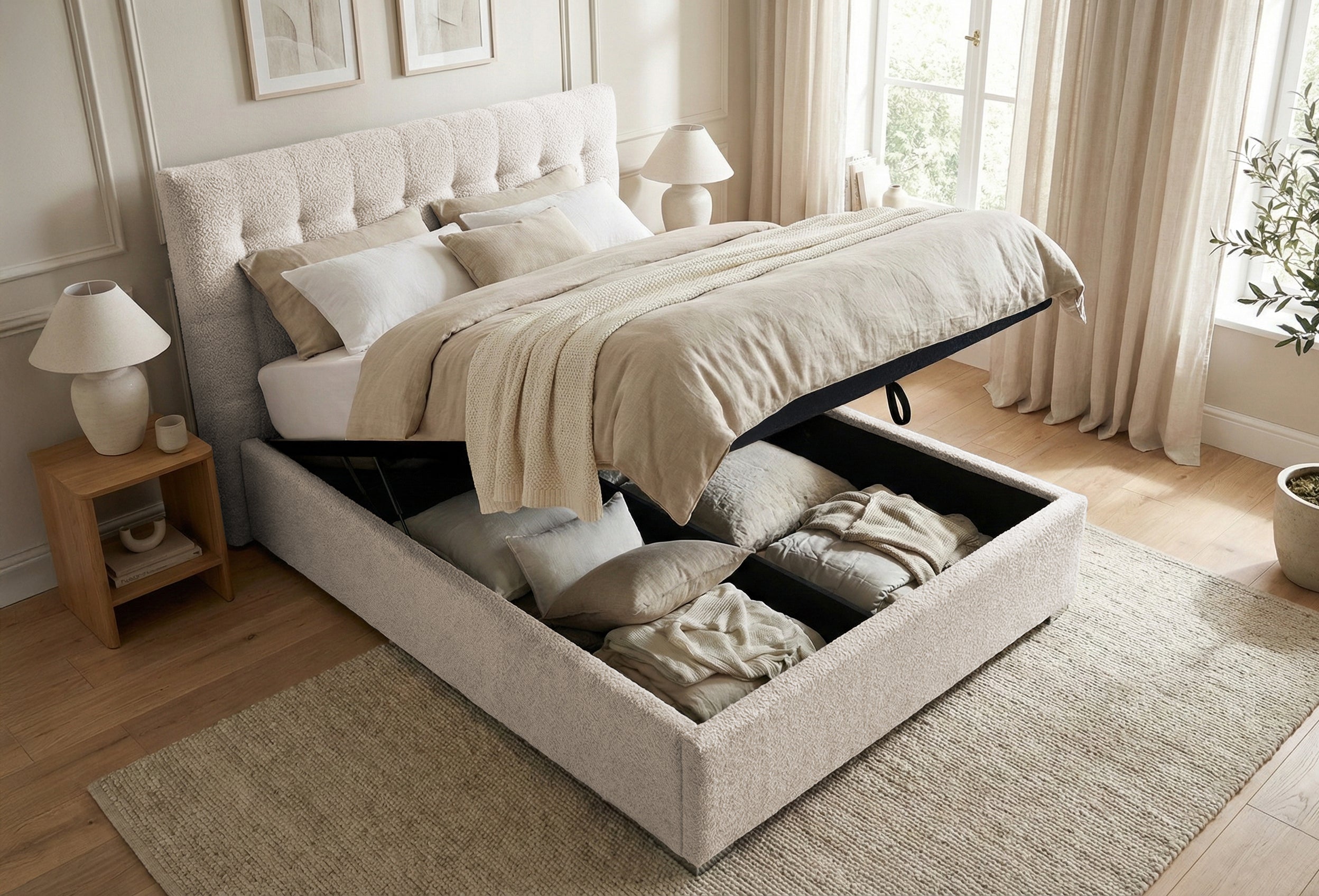 Pat Tapițat Strasbourg Premium, cu somieră rabatabilă și ladă depozitare, #color_Crem-Anthology