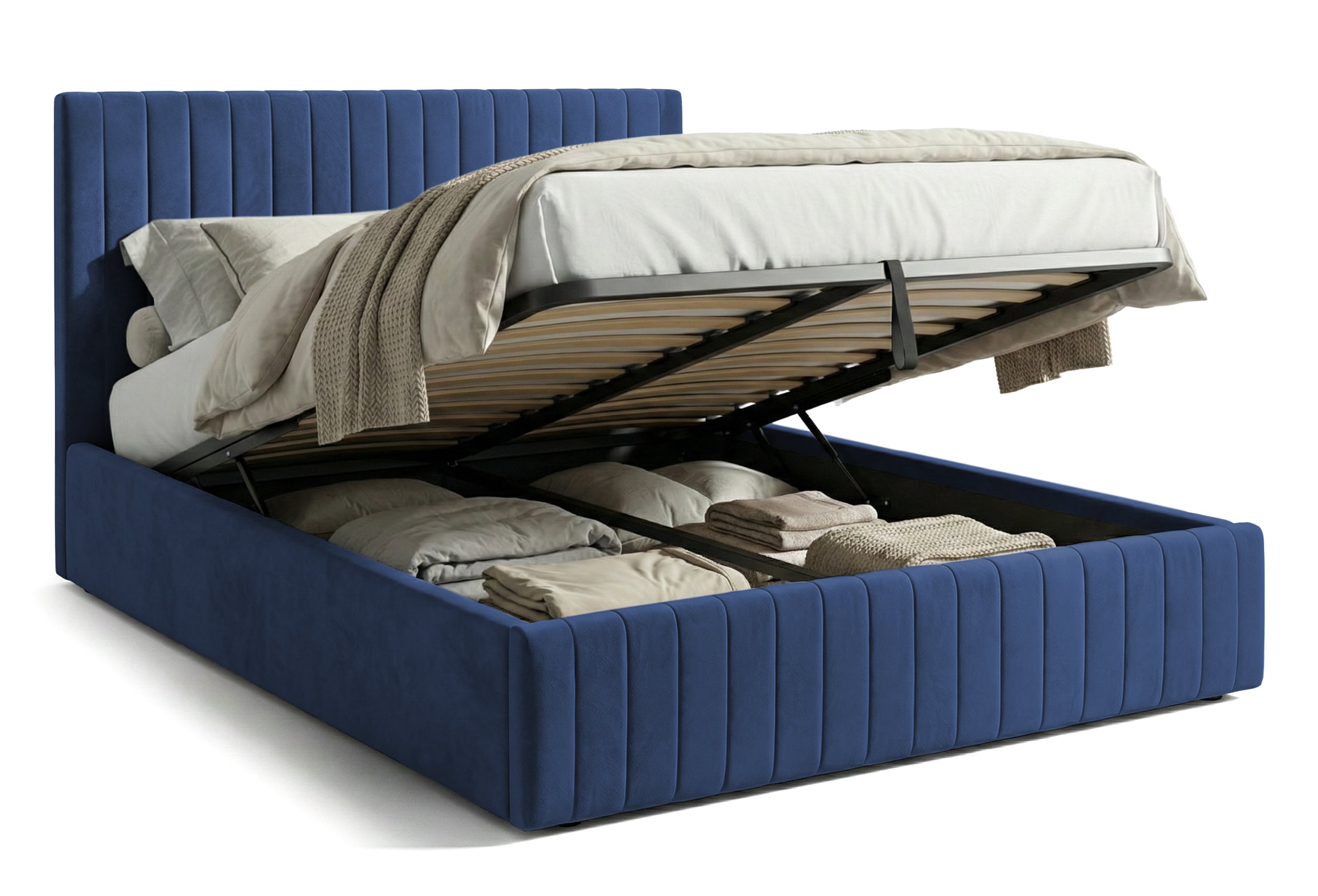 Pat Tapițat Sara, cu somieră rabatabilă și ladă depozitare #color_Albastru-Velluto