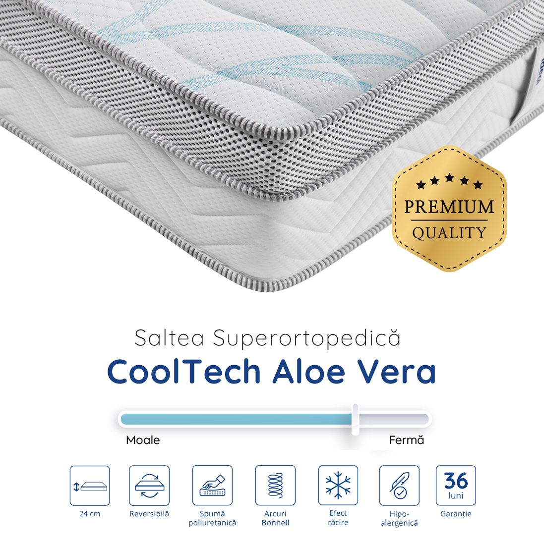 Saltea Ideal Sleep COOLTECH ALOE VERA, Arcuri Bonell, spumă poliuretanică pe multiple straturi, husă CoolTech, superortopedică, Grosime 24 cm