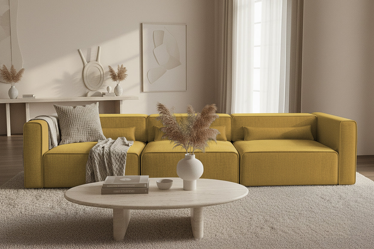 Canapea Extensibilă 4 locuri ZANETTO, cu 3 lăzi depozitare, 340x100x70 cm, #color_Galben-Onyx