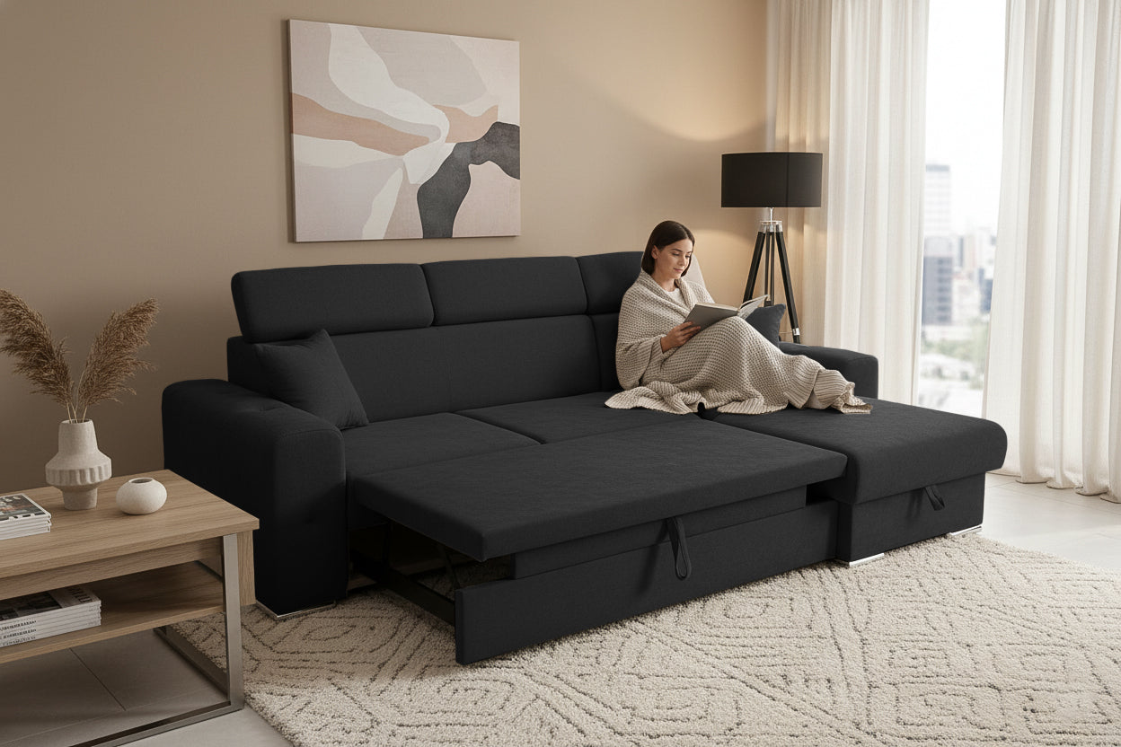 Coltar Extensibil BELLAGIO, sezlong interschimbabil, cu lada de depozitare, cu tetiere, 275x170x85 cm - Prestigehome.ro - Coltare - Prestige - #color_negru-enjoy