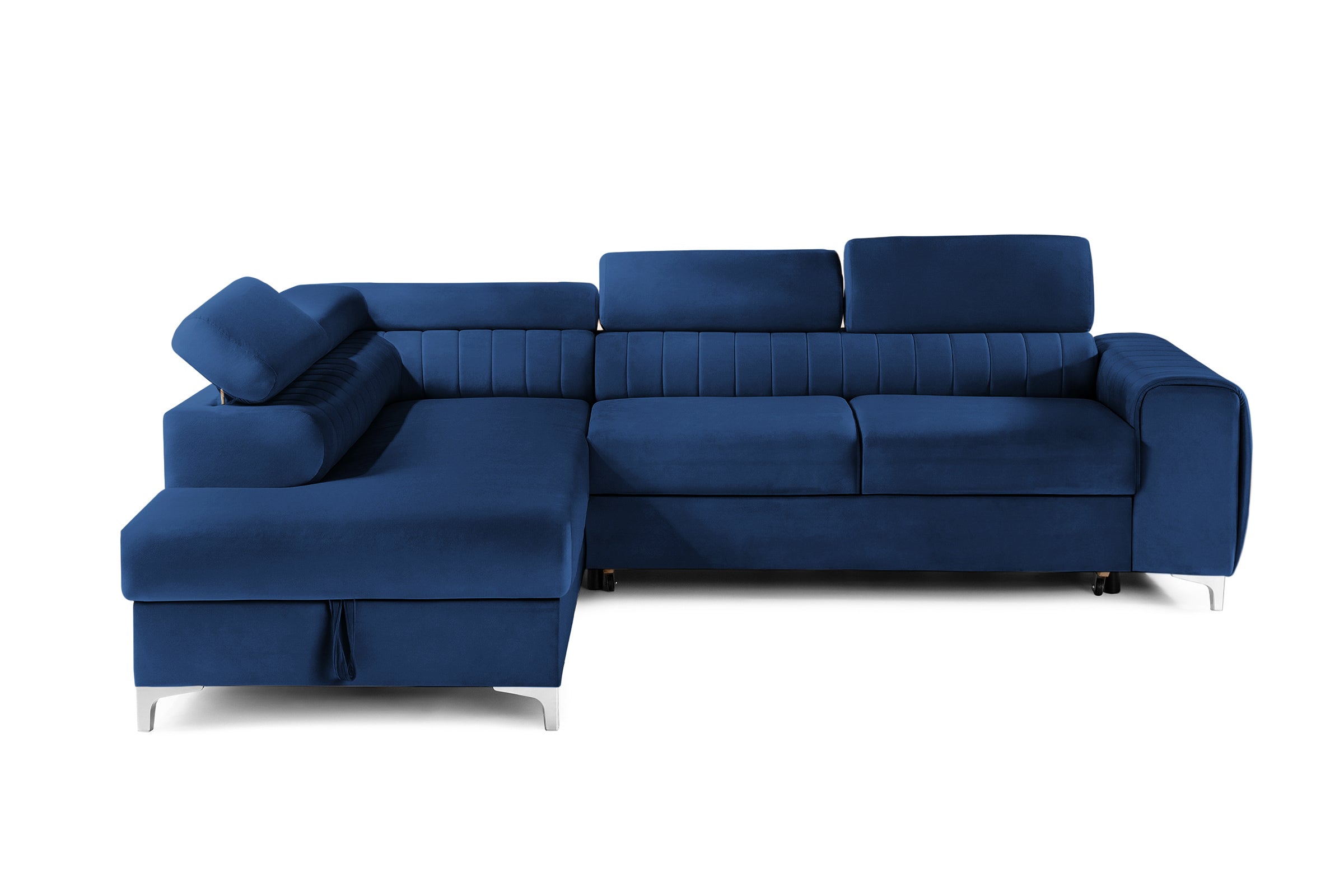 Colțar Extensibil TIME, cu lada depozitare, tetiere reglabile, 285x220x95 cm, #color_Albastru-Velluto