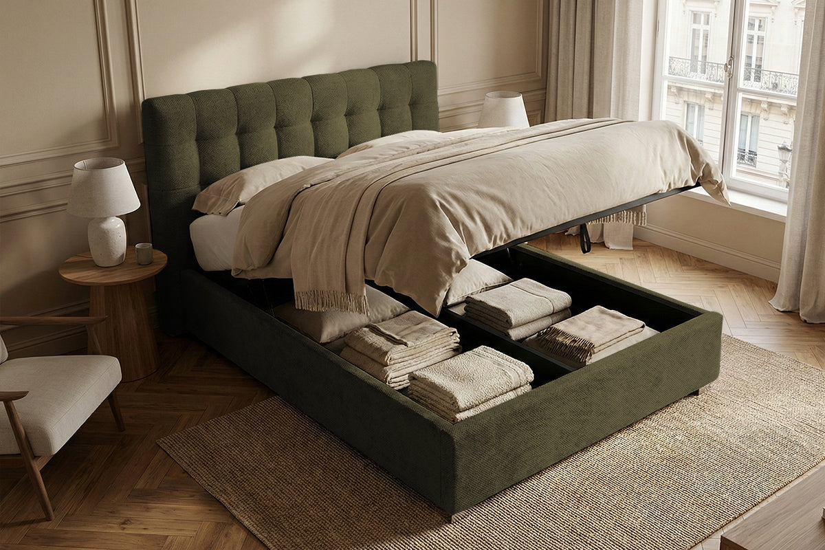 Pat Tapițat Strasbourg Premium, cu somieră rabatabilă și ladă depozitare, #color_Verde-Olive-Eden