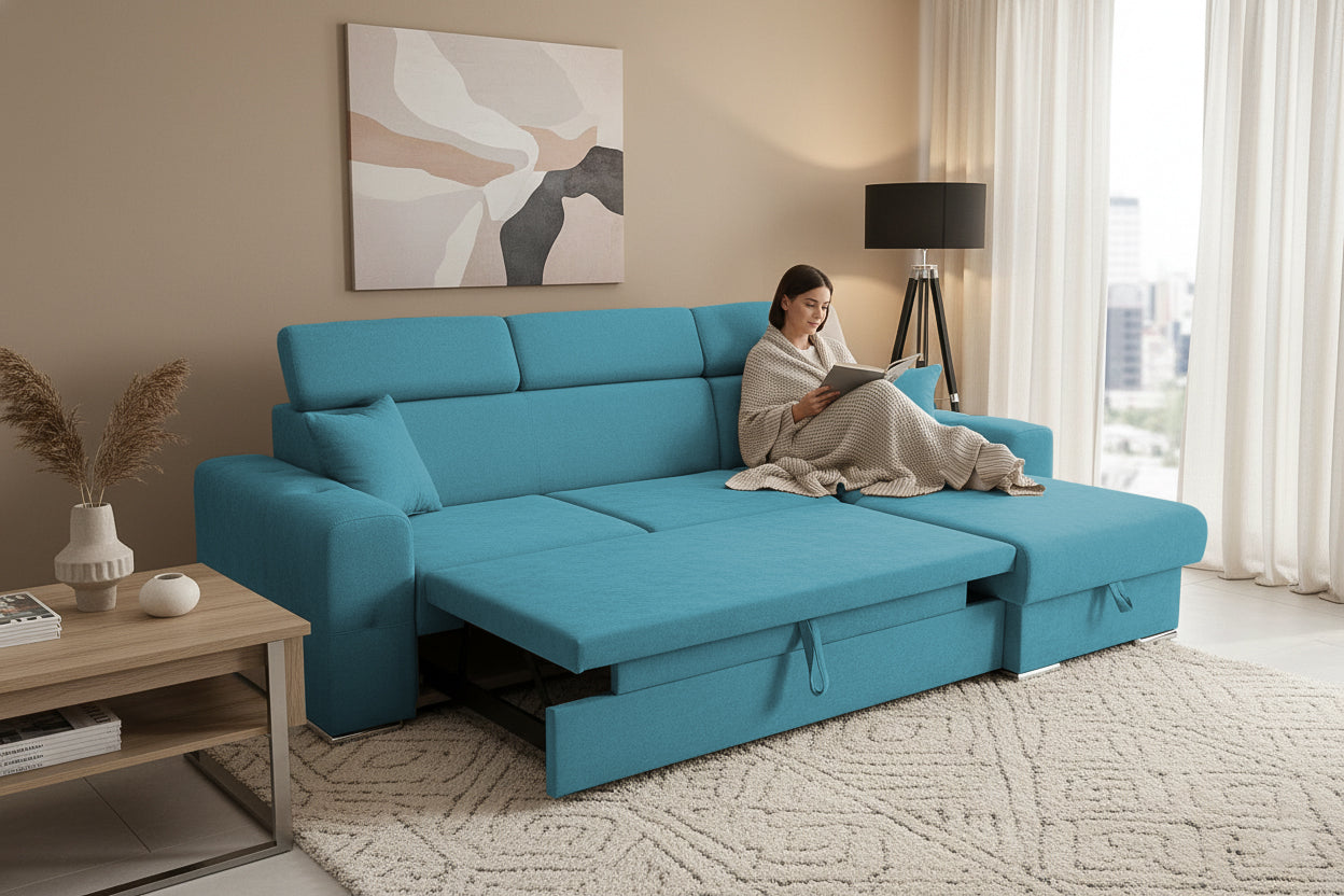 Coltar Extensibil BELLAGIO, sezlong interschimbabil, cu lada de depozitare, cu tetiere, 275x170x85 cm - Prestigehome.ro - Coltare - Prestige - #color_turcoaz-enjoy