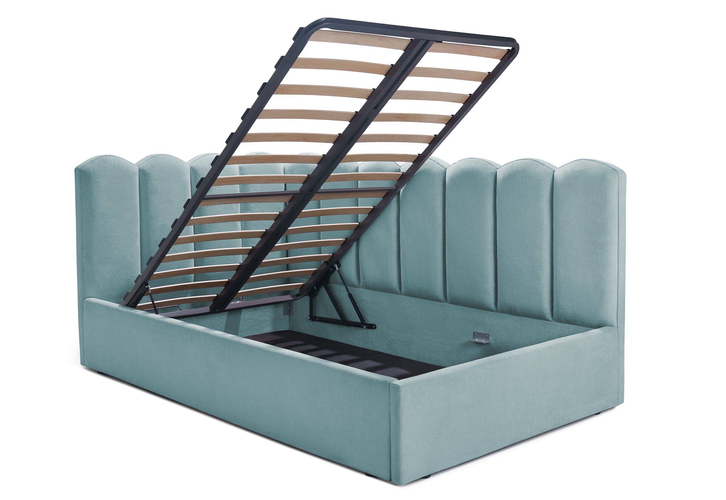 Pat Tapițat Princess de colț, cu somieră rabatabilă și ladă depozitare, #color_Albastru-Deschis-Mystery