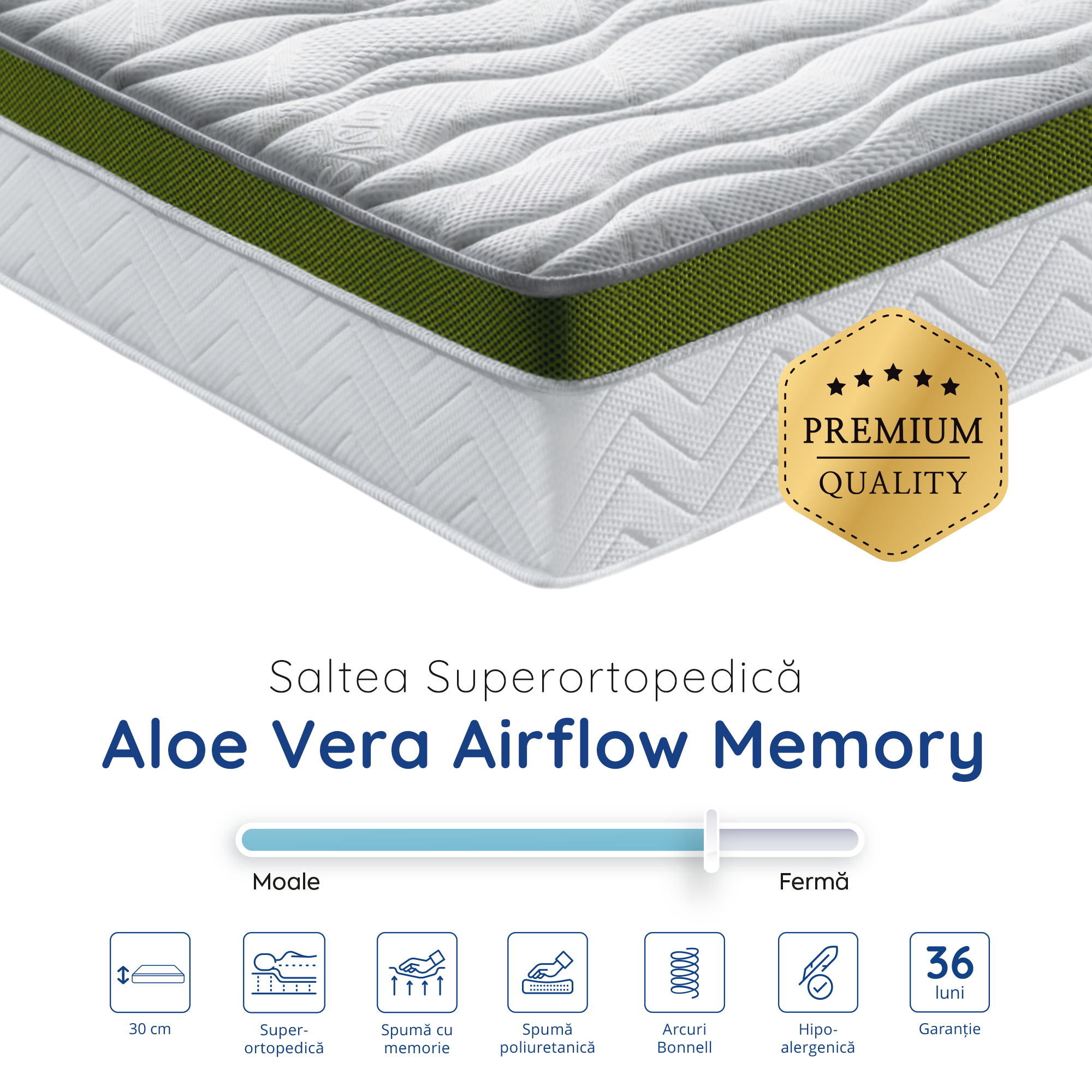 Saltea Ideal Sleep ALOE VERA AIRFLOW MEMORY, Arcuri Bonell, spumă poliuretanică elastică, spumă cu memorie, husă cu aerisire optimă, superortopedică, Grosime 30 cm