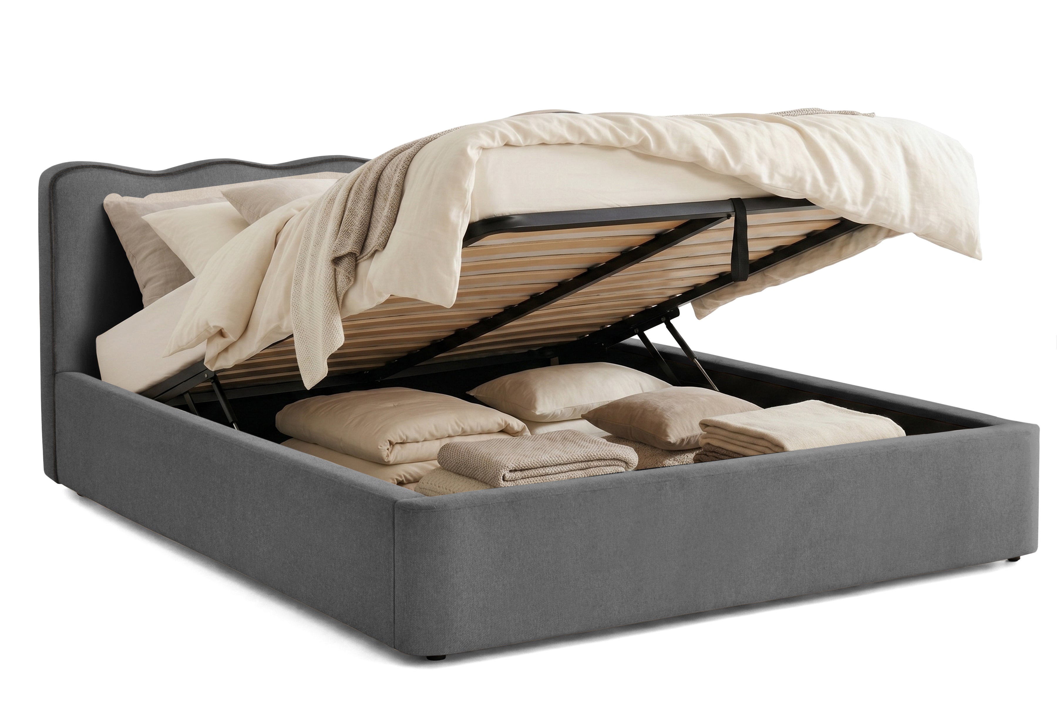 Pat Tapițat KESINGTON, cu somieră rabatabilă și ladă de depozitare, #color_Gri-Antracit-Loft