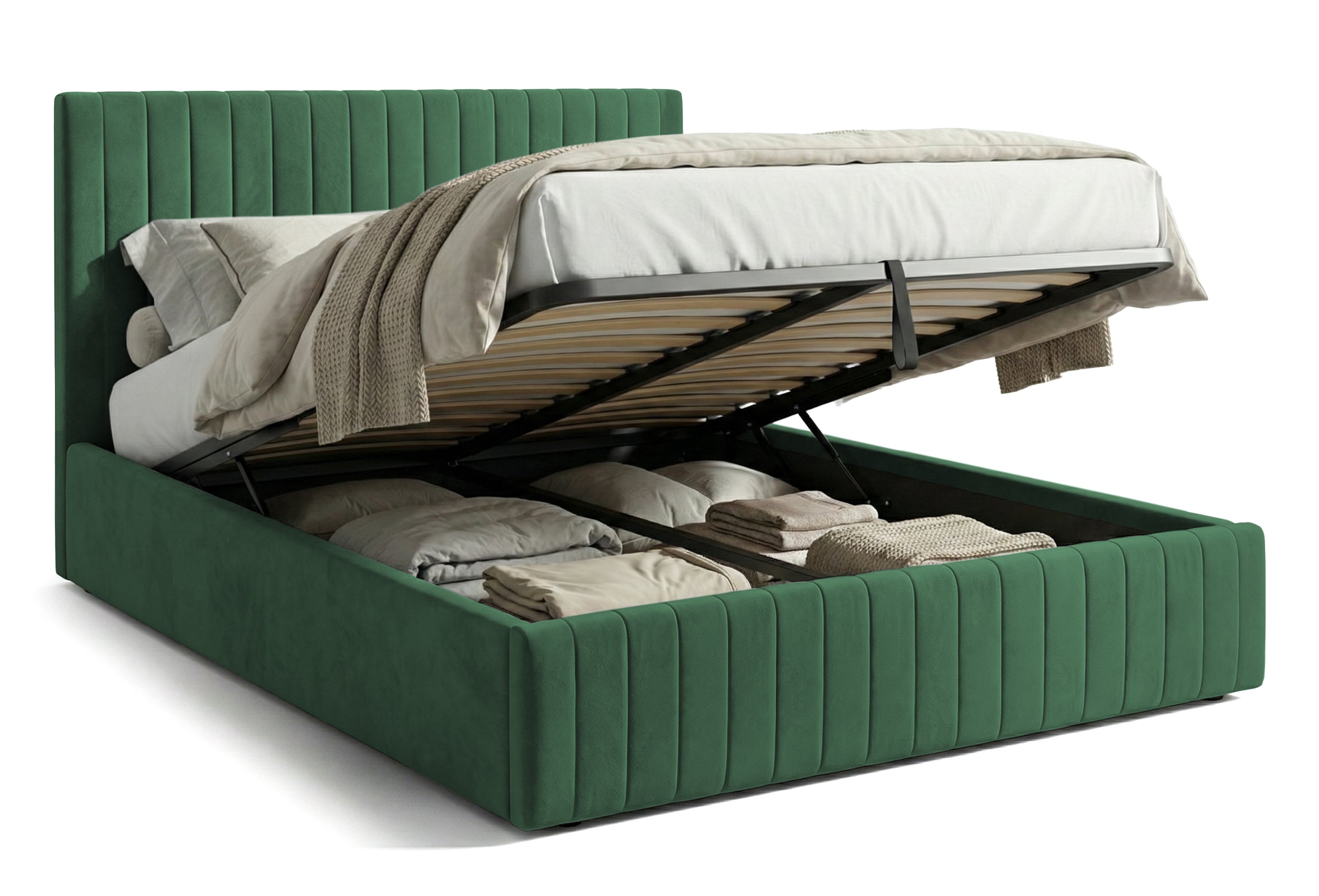 Pat Tapițat Sara, cu somieră rabatabilă și ladă depozitare #color_Verde-Inchis-Velluto