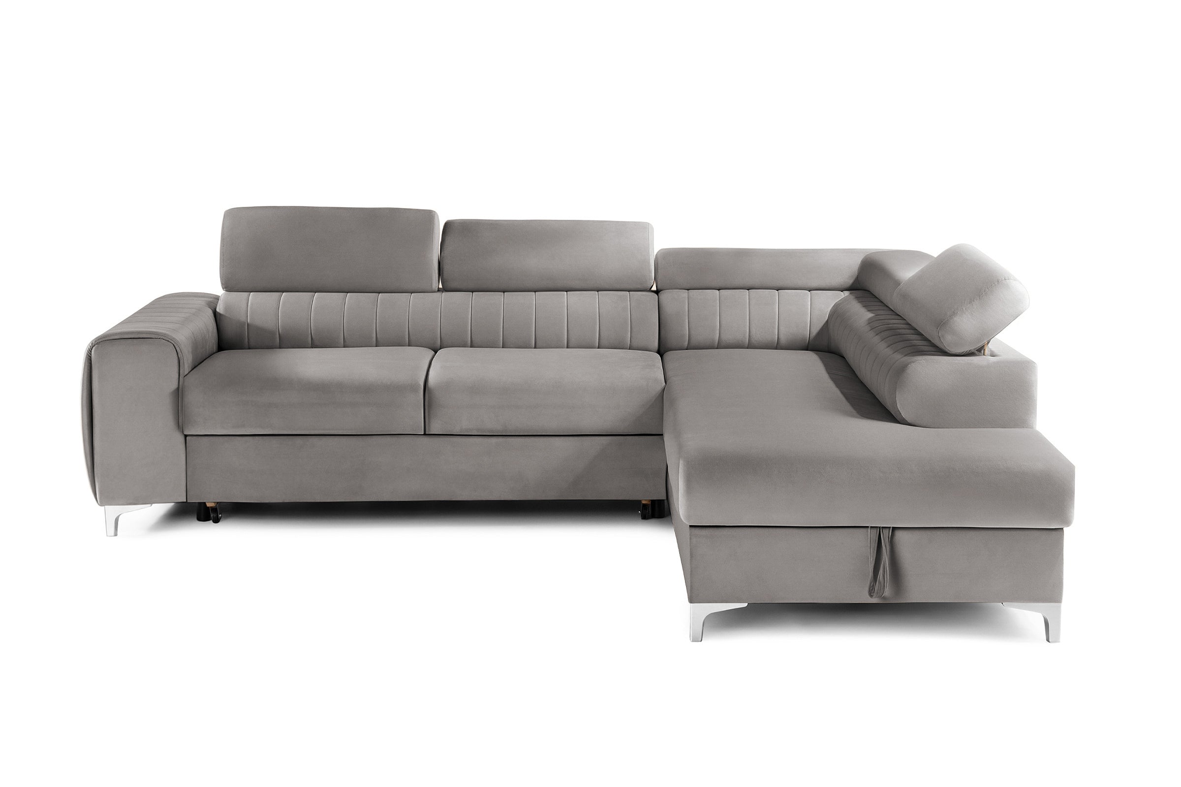 Colțar Extensibil TIME, cu lada depozitare, tetiere reglabile, 285x220x95 cm, #color_Gri-Silver-Velluto
