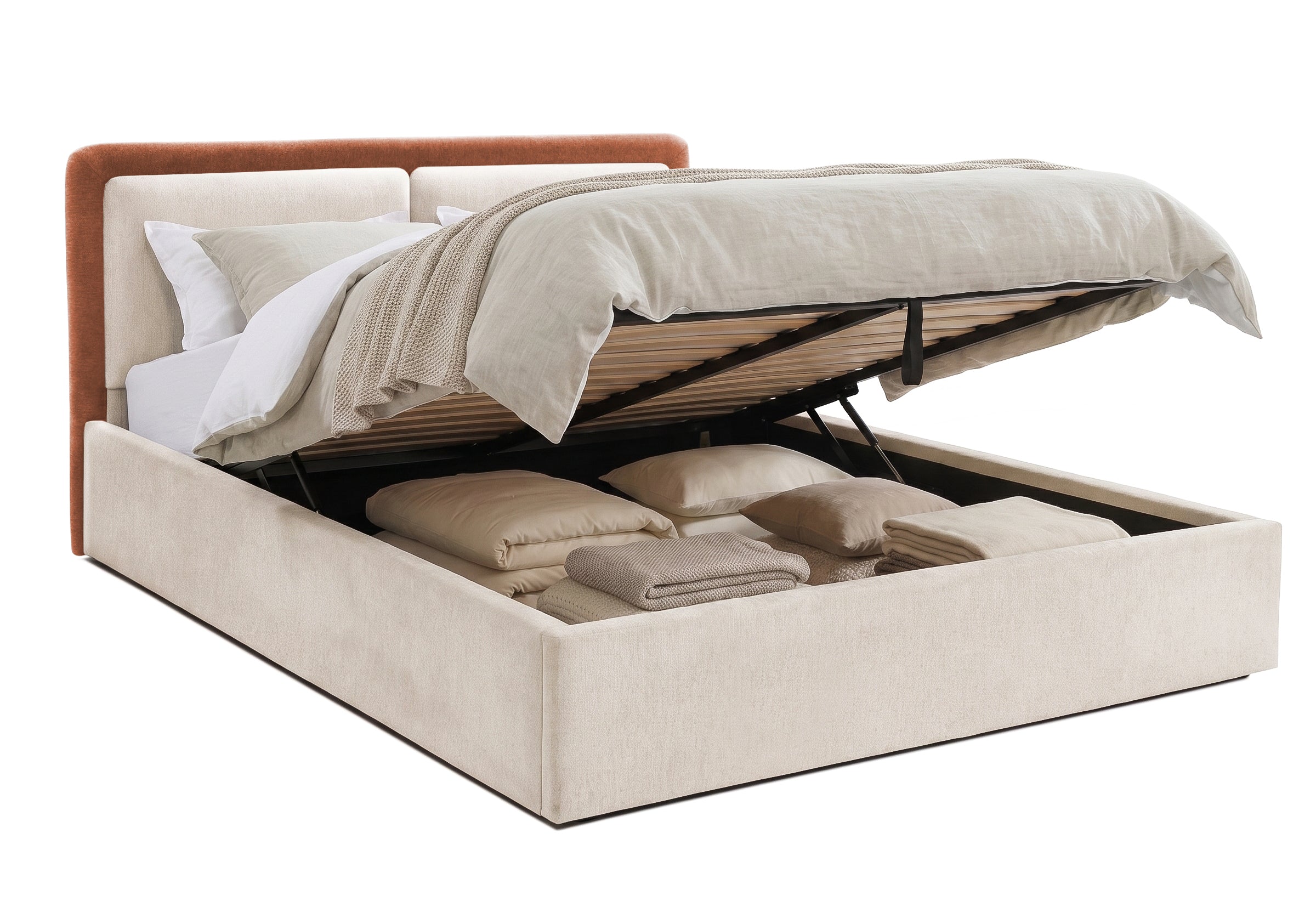 Pat Tapițat PIEMONTE, cu somieră rabatabilă și ladă de depozitare, #color_loft-rust-crem