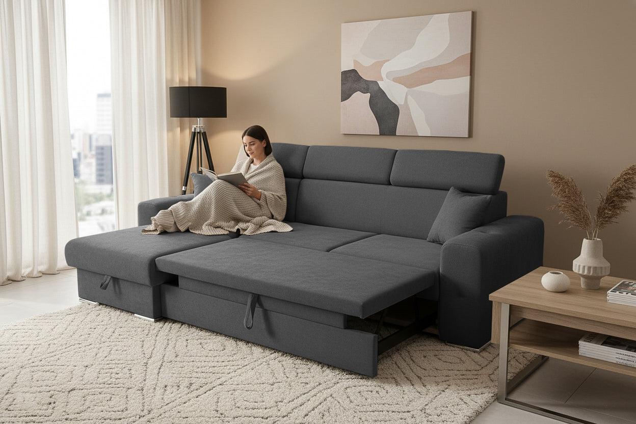 Coltar Extensibil BELLAGIO, sezlong interschimbabil, cu lada de depozitare, cu tetiere, 275x170x85 cm - Prestigehome.ro - Coltare - Prestige - #color_gri-inchis-enjoy