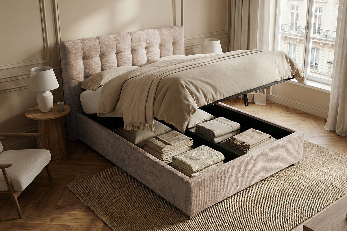 Pat Tapițat Strasbourg Premium, cu somieră rabatabilă și ladă depozitare, #color_Bej-Eden