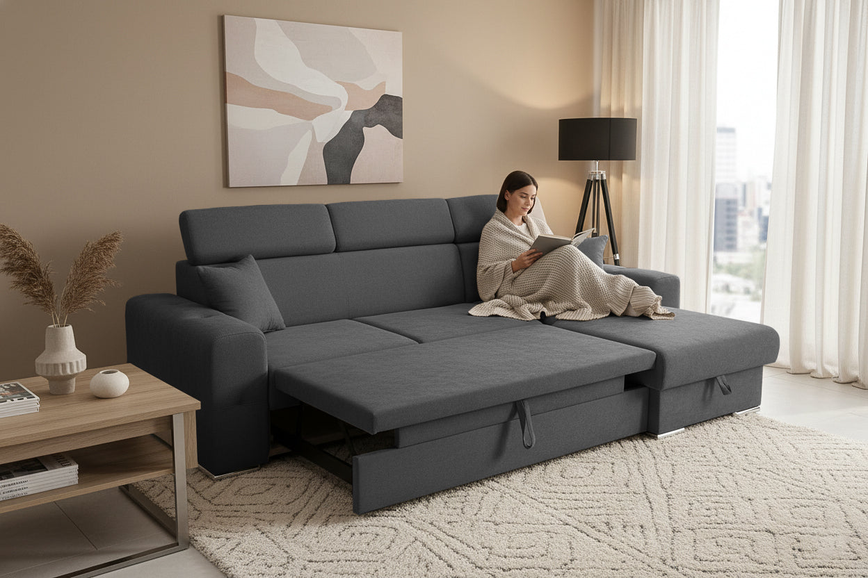 Coltar Extensibil BELLAGIO, sezlong interschimbabil, cu lada de depozitare, cu tetiere, 275x170x85 cm - Prestigehome.ro - Coltare - Prestige - #color_gri-inchis-enjoy