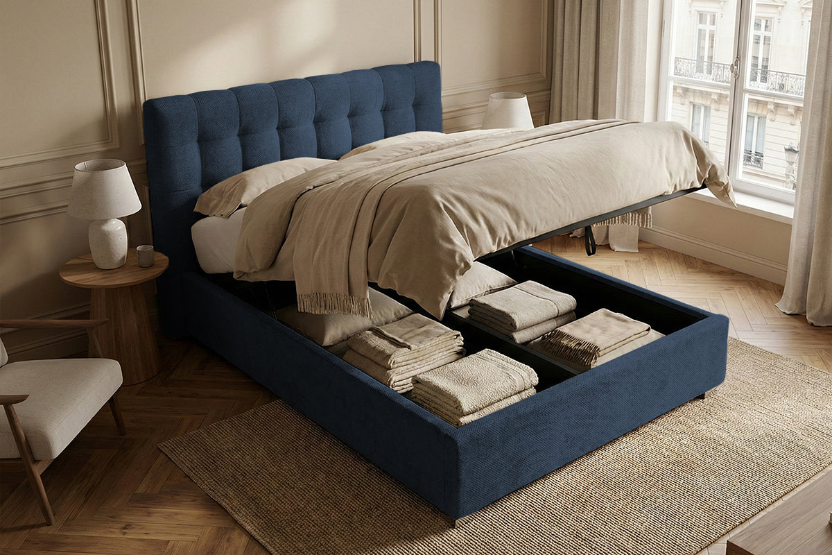 Pat Tapițat Strasbourg Premium, cu somieră rabatabilă și ladă depozitare, #color_Albastru-Inchis-Eden