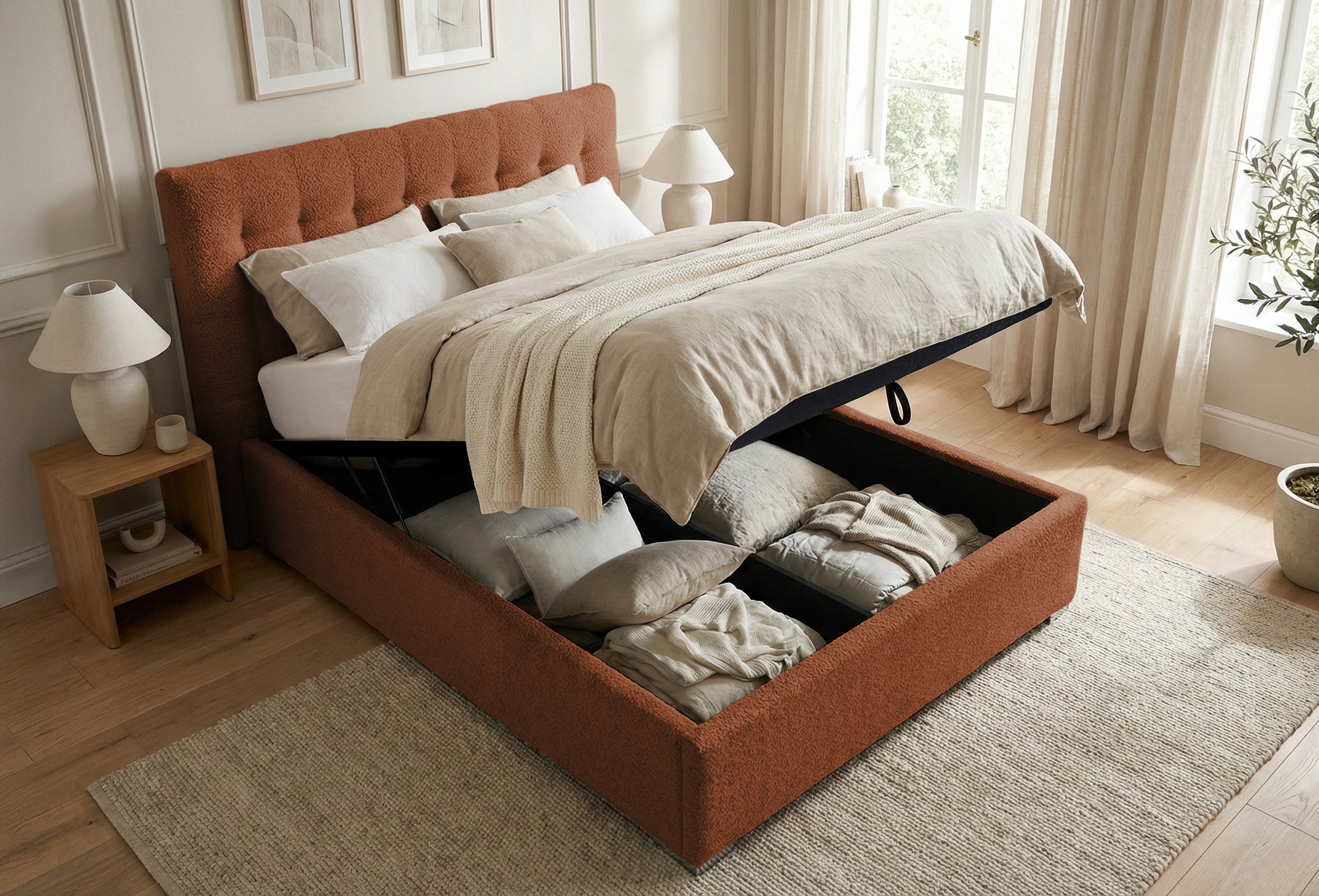 Pat Tapițat Strasbourg Premium, cu somieră rabatabilă și ladă depozitare, #color_Caramiziu-Anthology